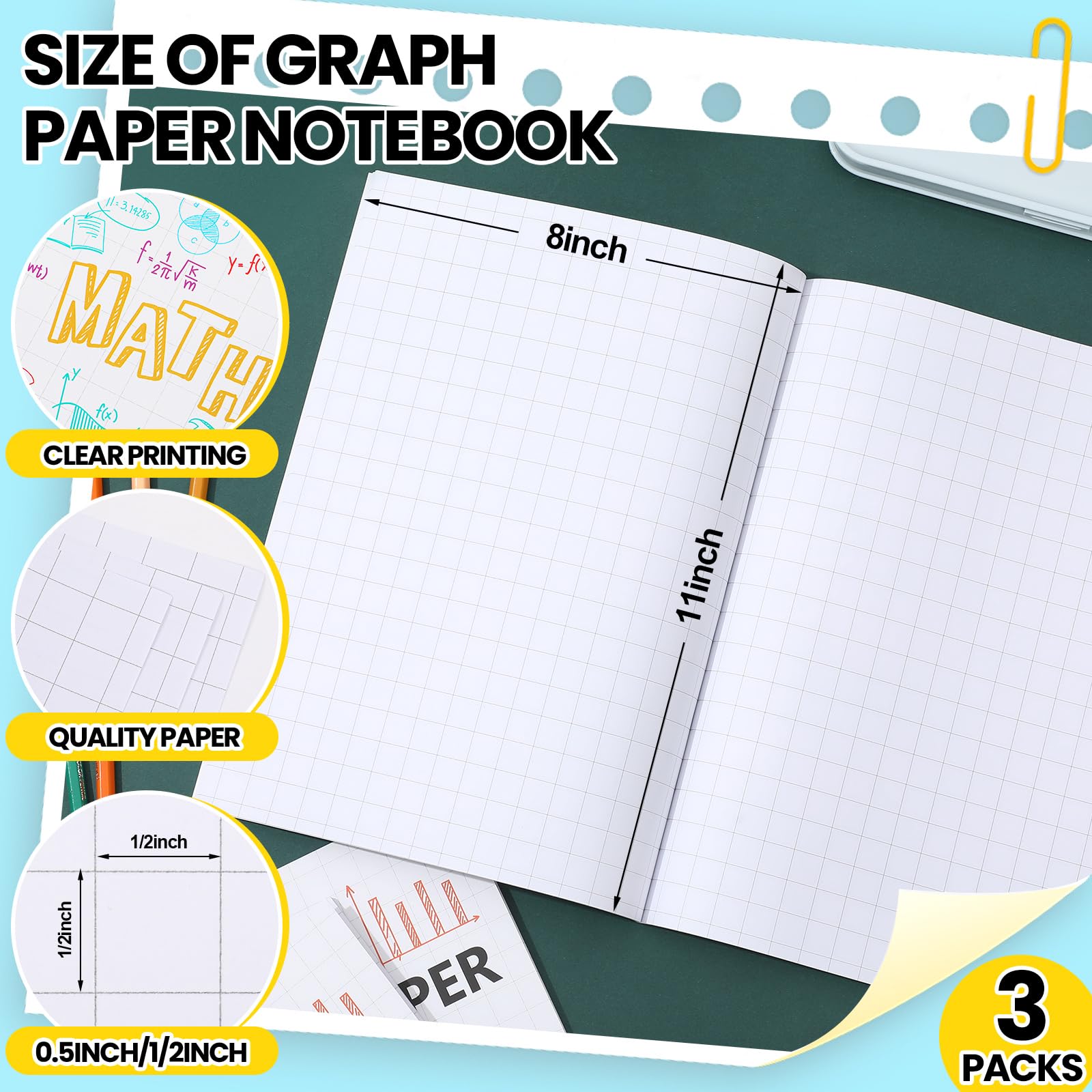 Ctosree 3-Pack Graph Paper Notebook for Kids - 1/2 Inch Quad Ruled Grid, 8.5 x 11 Inch Math Composition Notebook - Perfect for School, Homework & STEM Projects