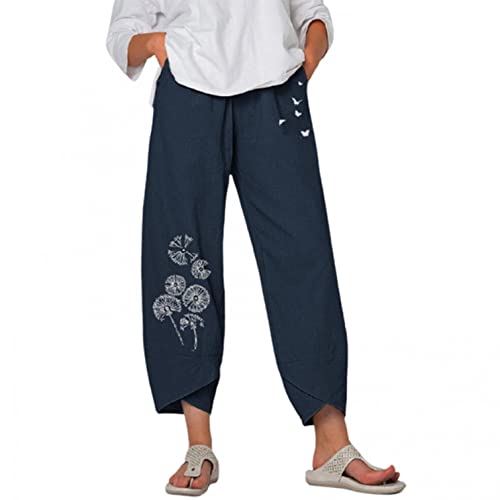 Women's Capri Pants - Summer Cotton Linen Dressy Beach Floral Casual Baggy Trousers with Pockets | Perfect for Vacation, Travel & Casual Outings