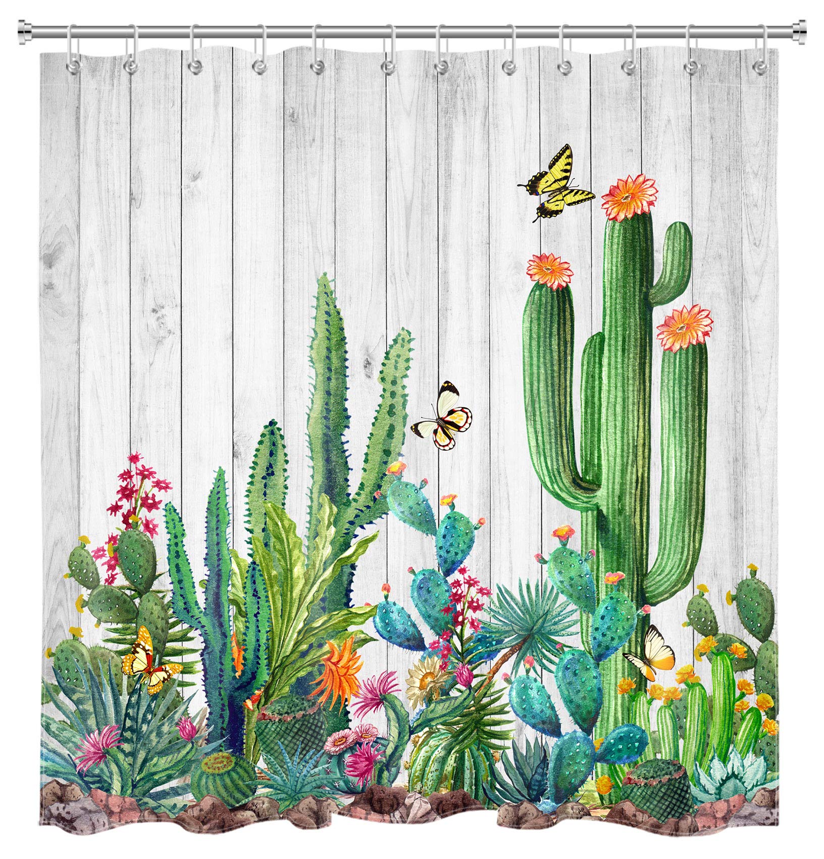 LB Tropical Cactus Shower Curtain - Desert Prickly Succulent with Butterfly Design, Rustic Wooden Board Bathroom Decor, 70x70 Inch with Hooks - Perfect for Boho, Farmhouse & Tropical Bathroom Themes