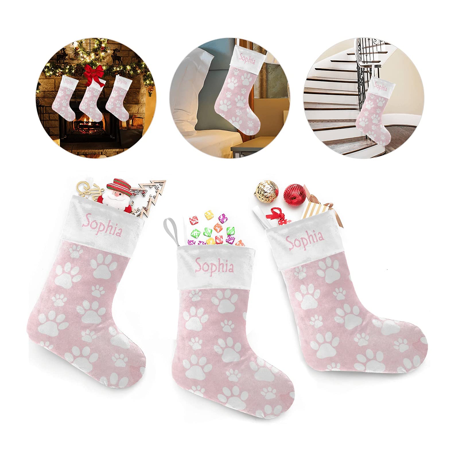 Personalized Pink Dog Paws Christmas Stockings with Name - 17.52 x 7.87 Inch Holiday Decor for Family, Pets & Festive Home Decor - Perfect for Xmas Gifts, Fireplace Mantel & Cozy Winter Celebrations