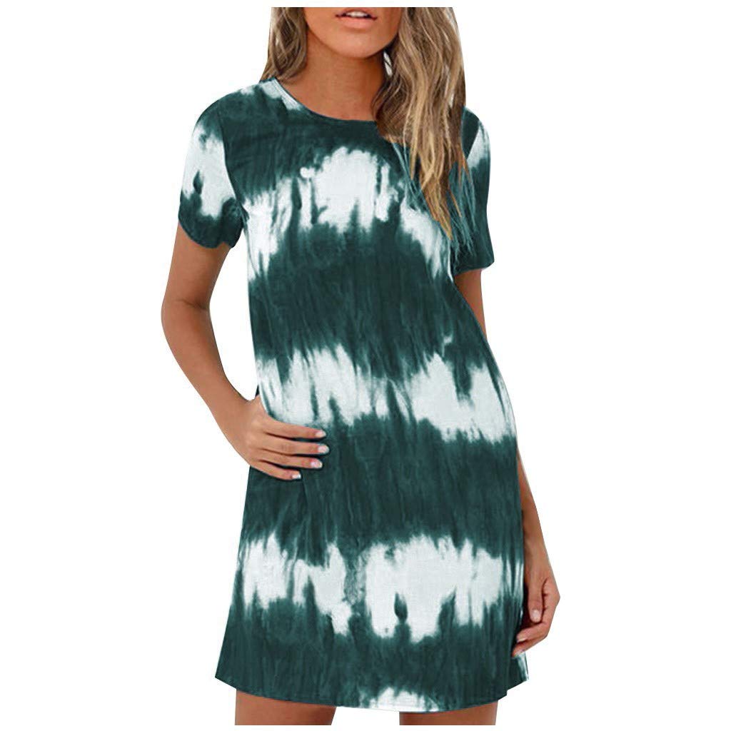 Tie-Dye Short Sleeve Women's Casual Dress with Pockets - Comfortable Loose Fit O-Neck Summer Dress for Beach, Vacation & Everyday Wear