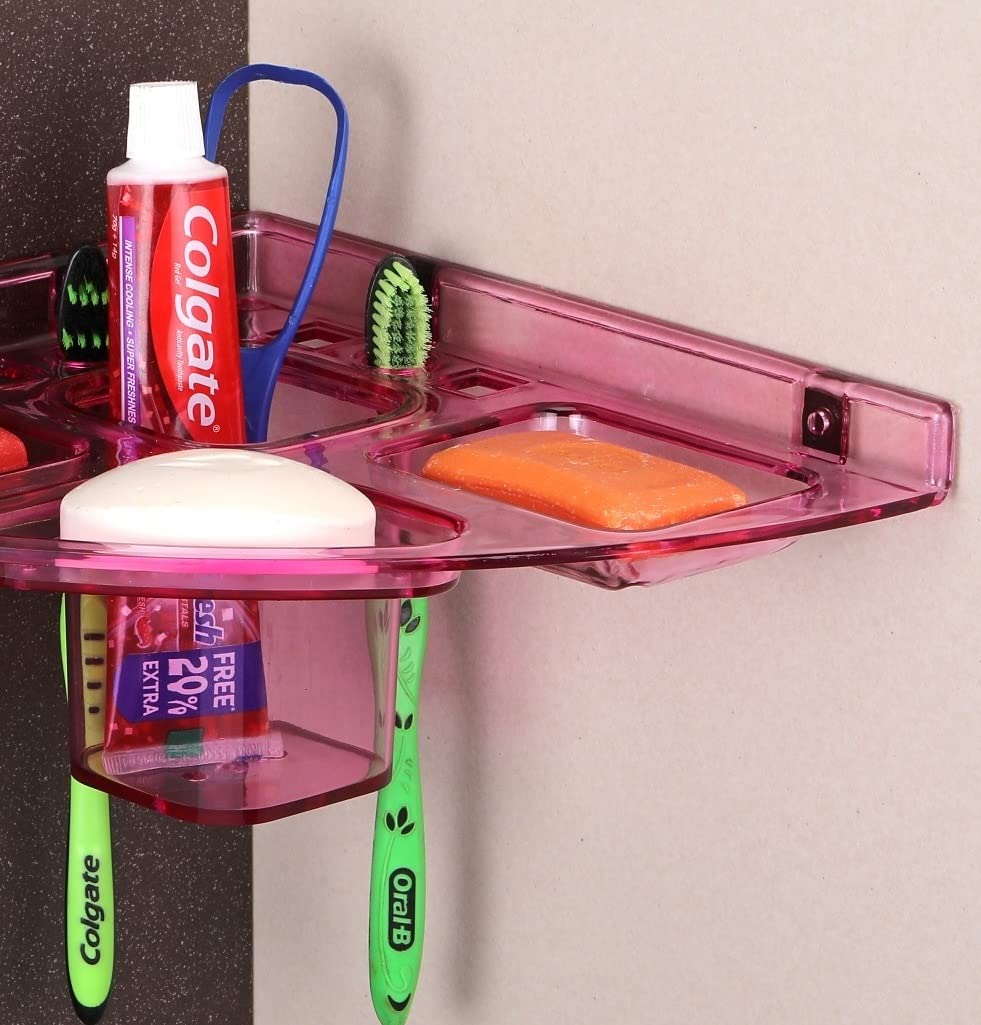Pink Acrylic 5-in-1 Corner Soap Holder - 10x10 Inch Unbreakable Plastic Bathroom Organizer, Wall Mounted Shelf for Shampoo, Lotion & Beauty Products - Perfect for Bathroom, Kitchen & Shower Storage (1 Shelf, Pink)