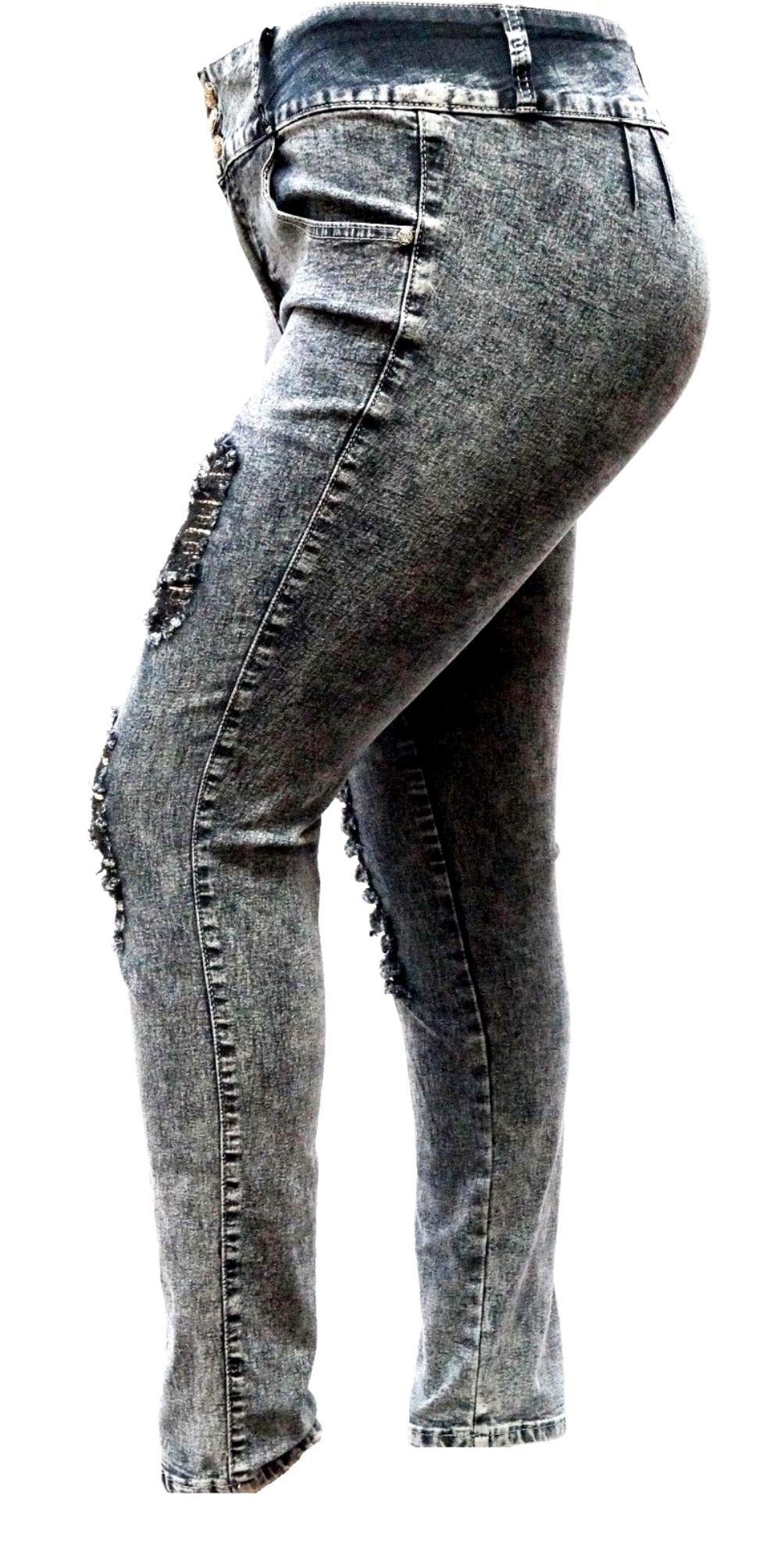 Jack David Women's Plus Size Distressed Ripped Blue & Black Skinny Jeans - High Waist Stretch Denim Pants for Casual Wear & Street Style Fashion