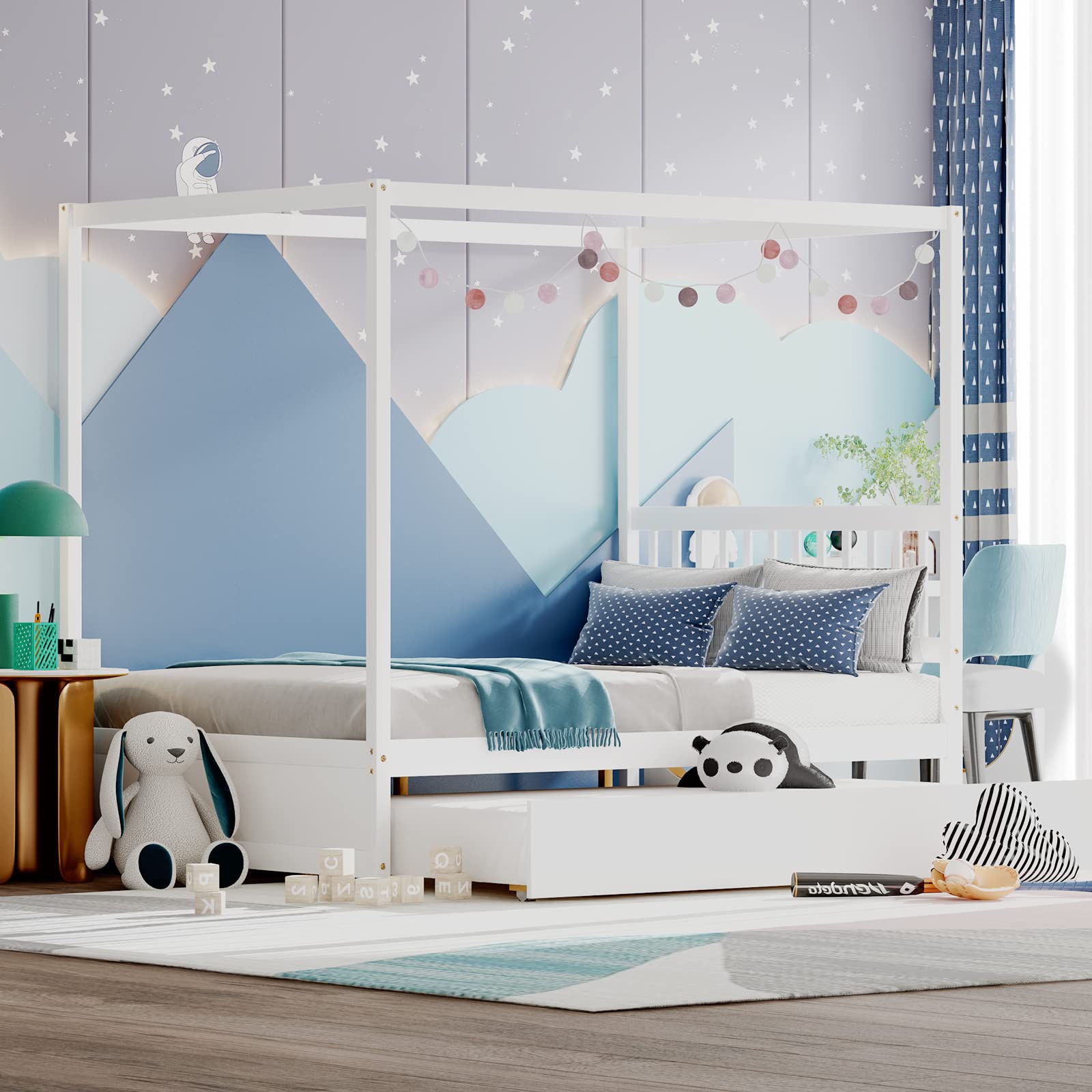 Giantex Full Size Canopy Bed with Trundle - Solid Wood Platform Bed Frame with Headboard for Kids, No Box Spring Needed - Perfect for Boys & Girls Bedrooms, Sleepovers and Space Saving (White)