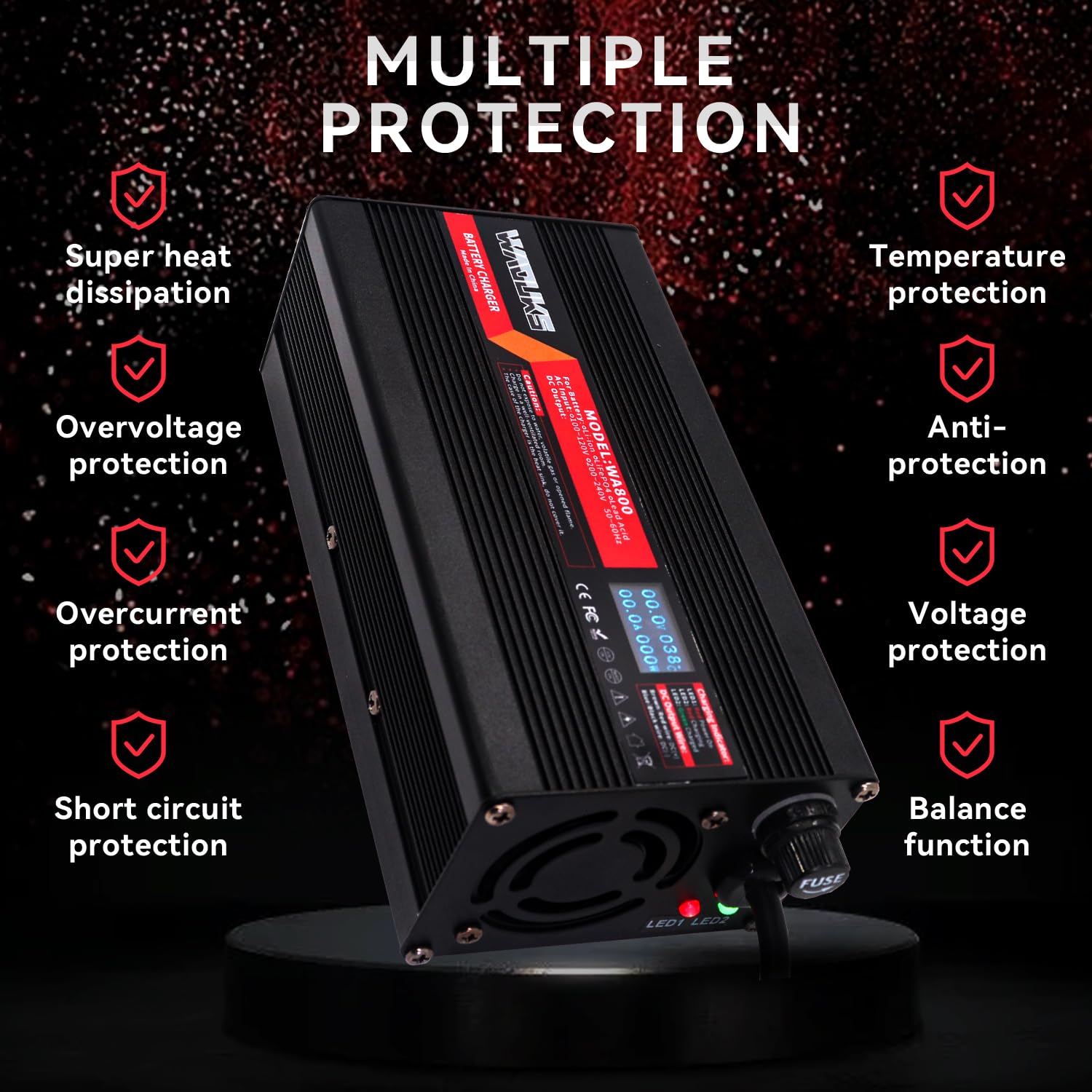 72V 8A Smart Battery Charger for Lead Acid/AGM/Gel/VRLA/OPZV Batteries - 82.8V DC Output with OLED Display & 3-Pin C13 Connector (N+L-) - Perfect for Golf Carts, Solar Systems, and Industrial Equipment
