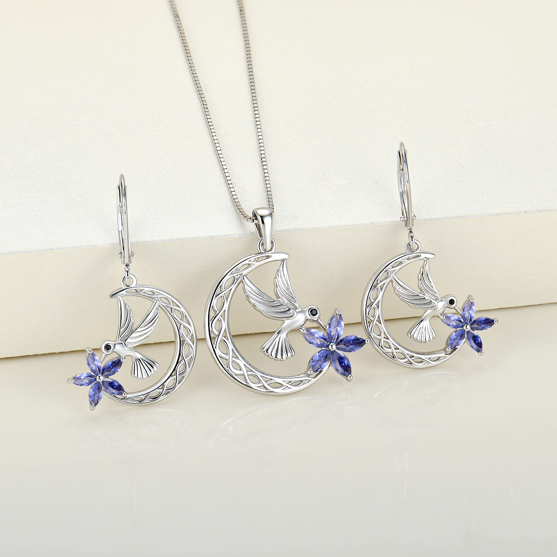 Sterling Silver Celtic Moon Flower Hummingbird Dangle Drop Earrings with Birthstone - Leverback Jewelry for Women - Perfect for Weddings, Parties & Everyday Wear