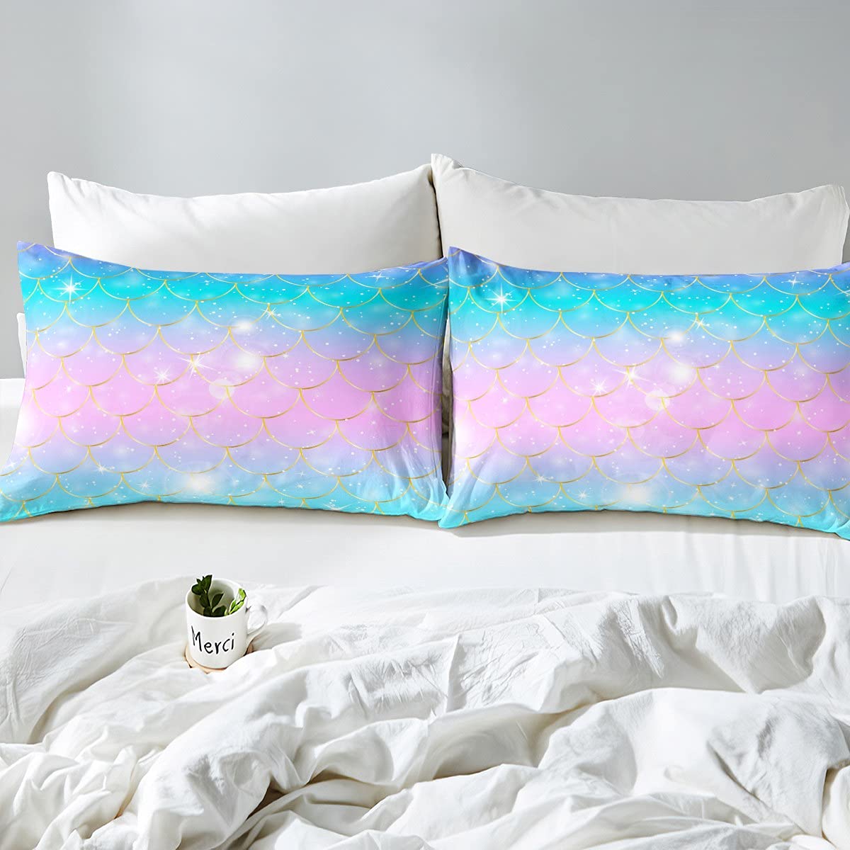 Mermaid Twin Size Sheet Set for Girls - Blue & Pink Pastel Bedding with Gold Fish Scales & Glitter - Fitted Sheet, Flat Sheet, Pillowcase - Perfect for Kids, Teens, Women Bedrooms & Themed Room Decor