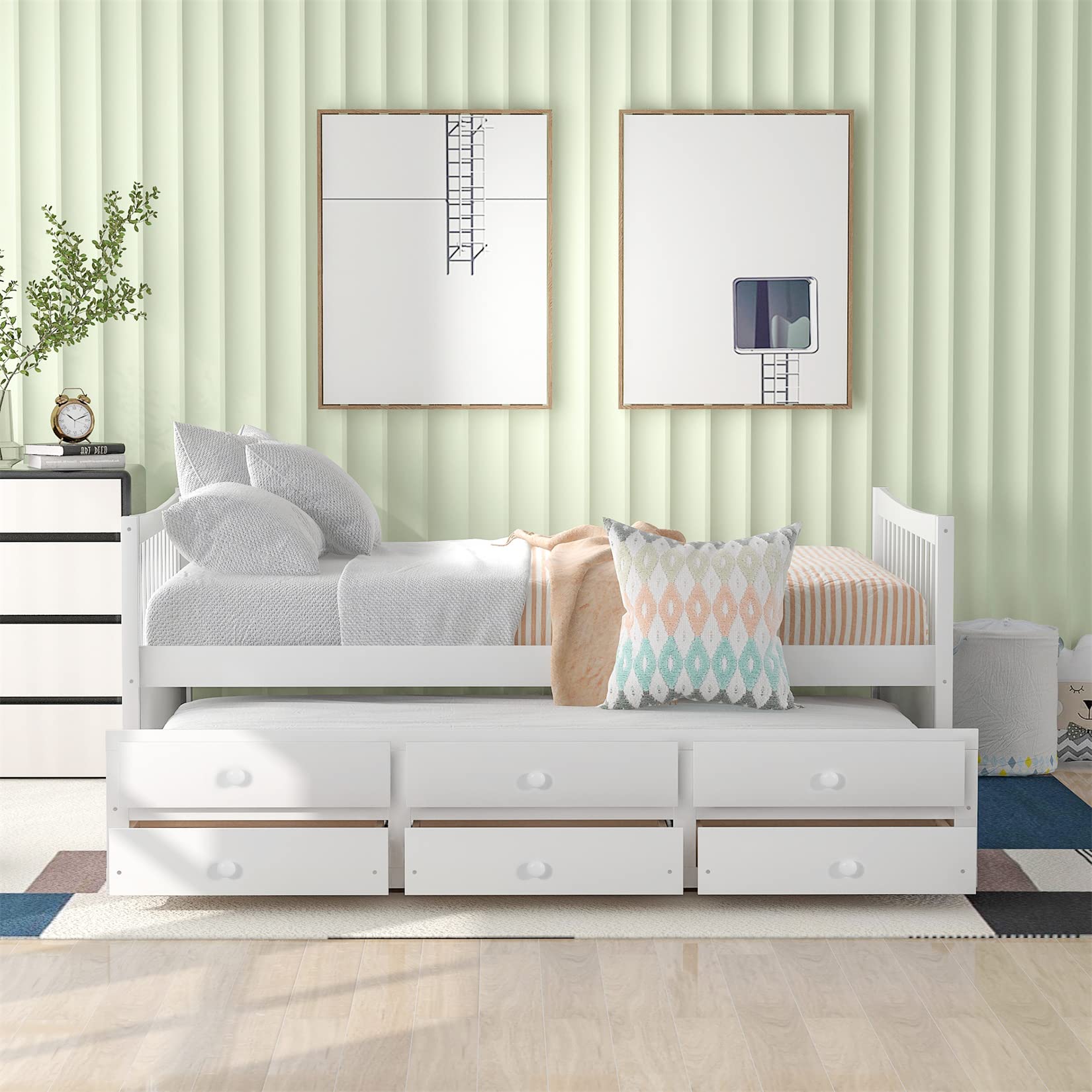 Bellemave Full Size Daybed with Trundle and 3 Storage Drawers - Wooden Platform Bed Frame for Kids, Teens, Boys & Girls - White - Perfect for Guest Rooms, Dormitories & Small Spaces
