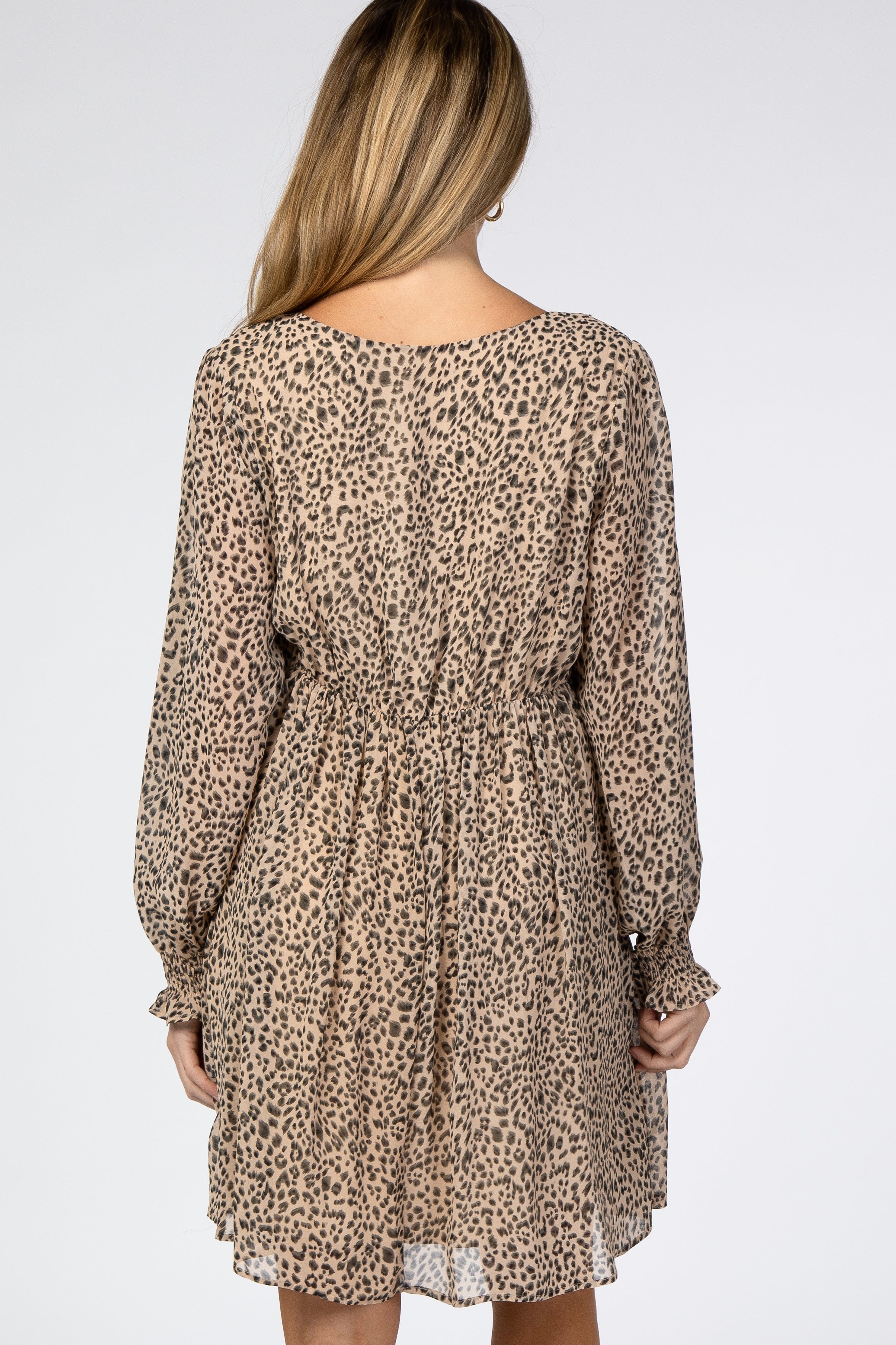 Beige Leopard Print Chiffon Maternity Dress with Back Cutout - Comfortable & Stylish Pregnancy Outfit for Baby Shower, Maternity Photos & Special Occasions
