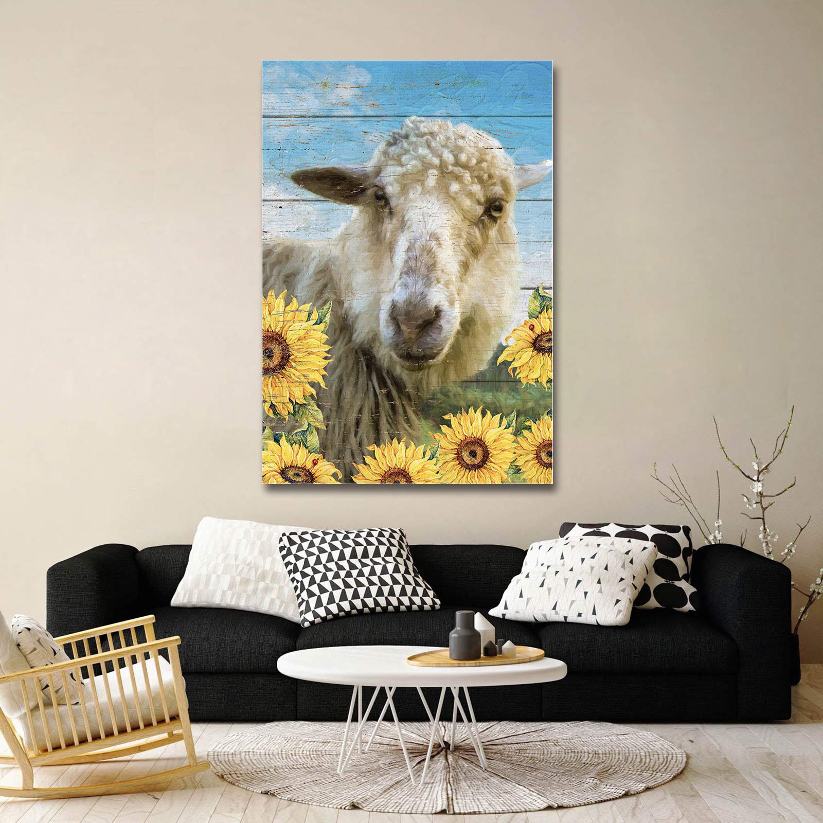 Sunflower and Sheep Canvas Wall Art - Blue Sky Clouds on Wooden Texture Print - 28x20 Inch Farmhouse Decor for Living Room, Bedroom - Perfect for Rustic Home & Office Wall Decoration