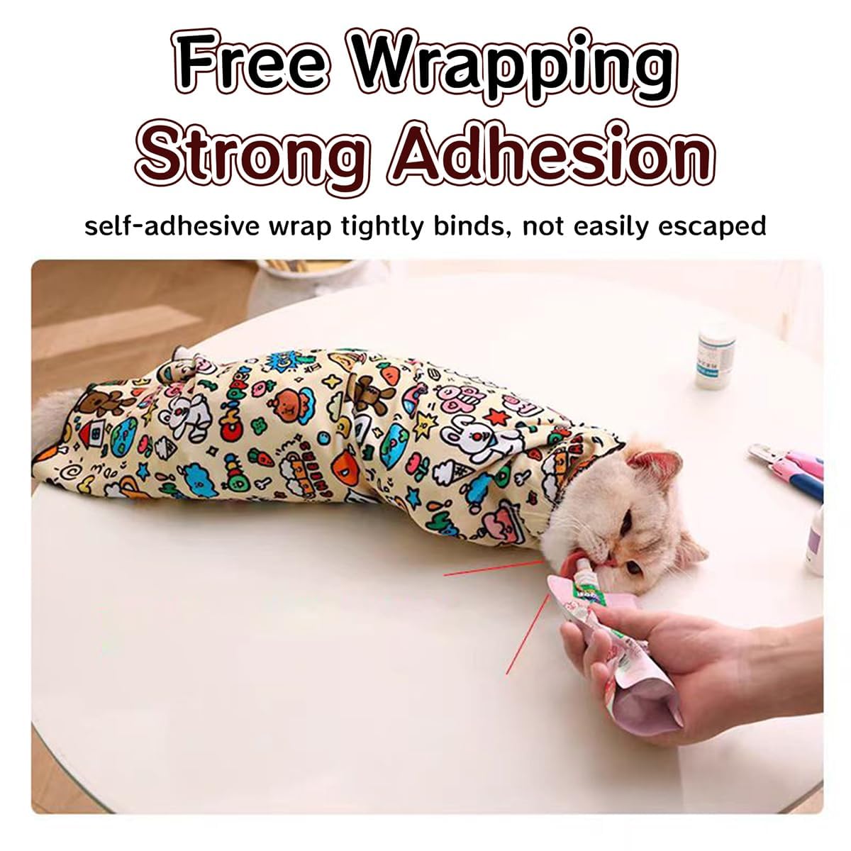 Premium Cat Grooming Wrap with Neck Support - Soft Swaddle Blanket for Safe & Stress-Free Pet Grooming (35x35cm, Rabbit Print, Up to 1.5kg) - Perfect for Nail Trimming, Bathing & Vet Visits