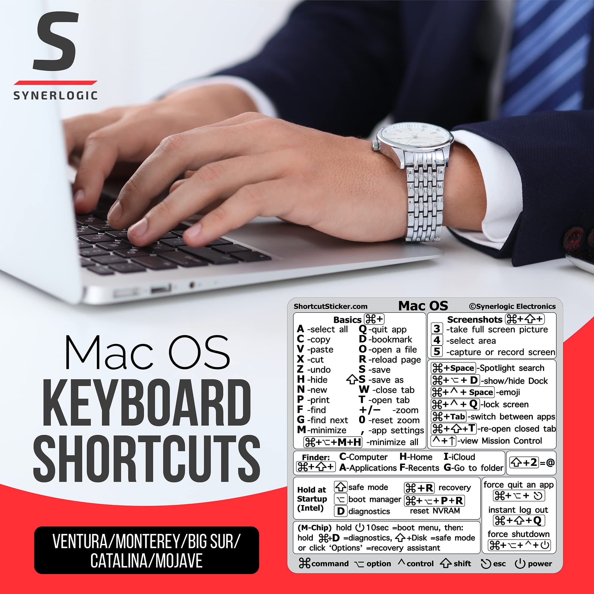 Synerlogic (2 Pack) Mac OS Shortcuts Stickers - Clear Vinyl Keyboard Stickers for MacBook Air & Pro 13-16