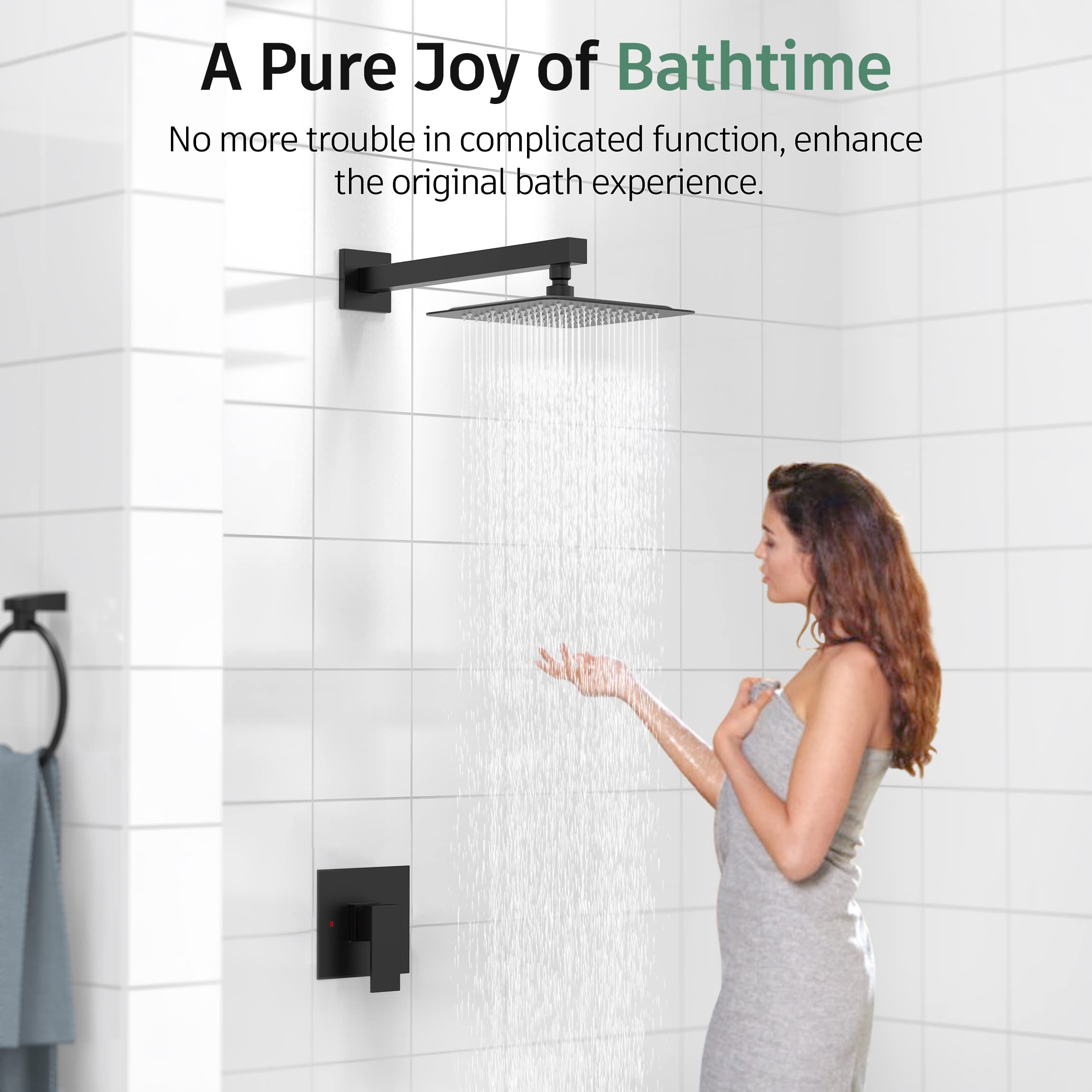 SunCleanse Matte Black Shower Faucet Set with Valve - 8 Inch Square Rainfall Shower Head & Single Handle Trim Kit | Includes Extra Long Shower Arm | Perfect for Modern Bathroom Renovations & Spa-Like Shower Experience