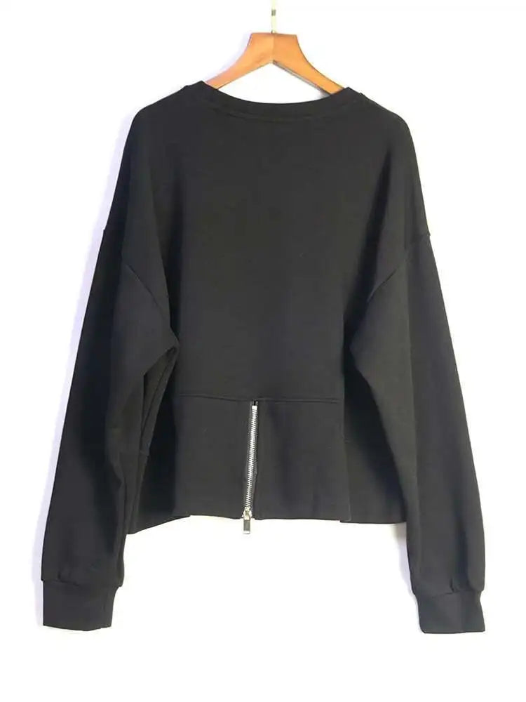 Black Printed Back Zipper Sweatshirt for Women | Round Neck Long Sleeve Pullover | Plus Size Fashion Hoodie | Trendy 2025 Fall & Spring Outerwear | Perfect for Casual Wear, Street Style & Layering