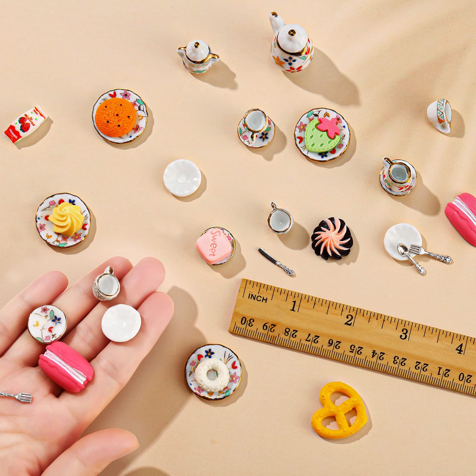 1:12 Scale Miniature Dollhouse Kitchen Accessories Set - 41 Pieces Including 15 Porcelain Tea Cups, 16 Mini Plates with Knives & Forks, 10 Decorative Dessert Cakes - Perfect for Dollhouse Decor, Tea Party Scenes, and Miniature Cooking Display (Chic Style)
