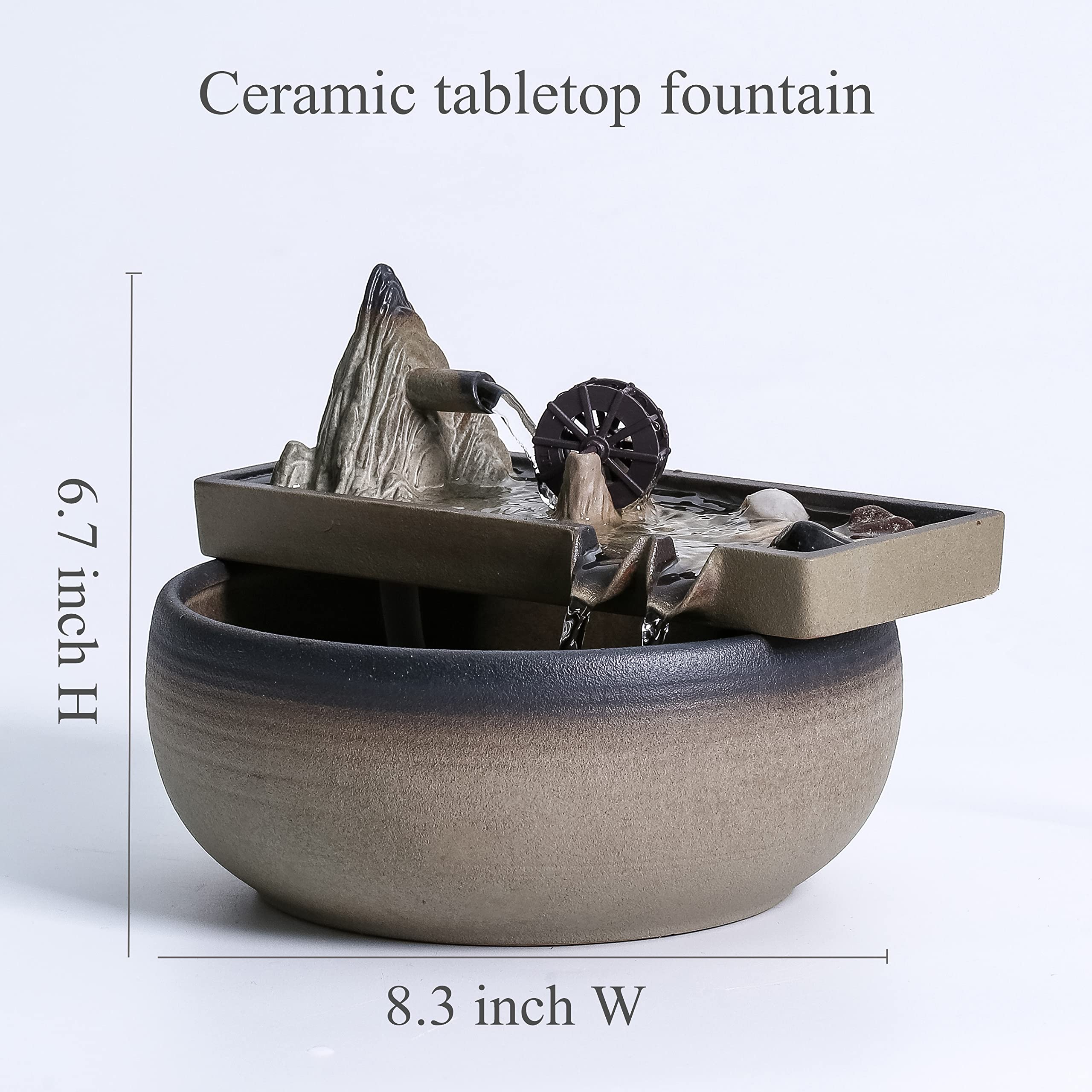 Brown Ceramic Tabletop Fountain - Indoor Home & Office Decor for Desk, Table, Patio - Relaxing Water Feature for Stress Relief & Zen Atmosphere