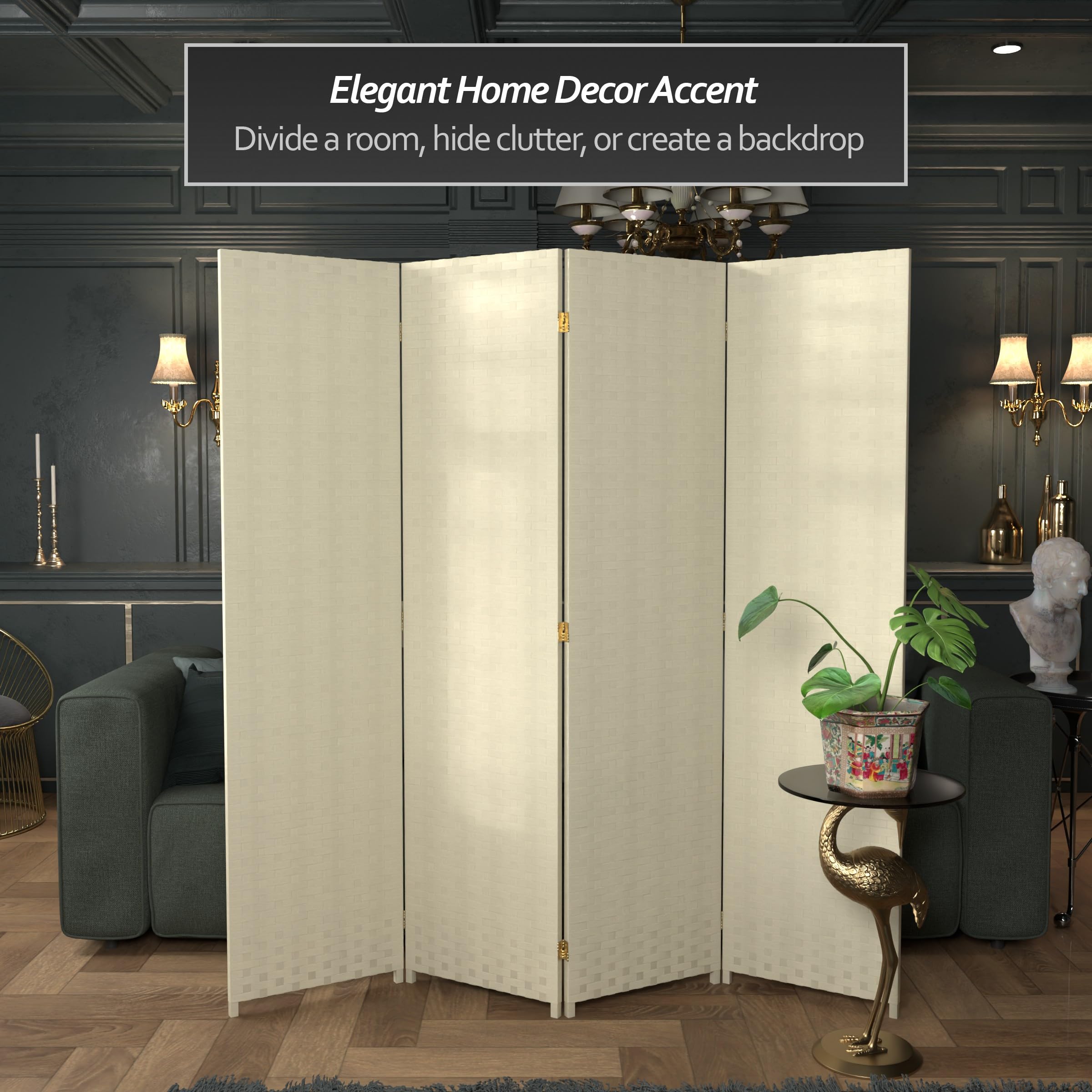 6 ft. Tall Red Lantern Woven Fiber Room Divider - 4 Panel Cream Folding Screen for Living Room, Bedroom Partition & Asian Home Decor