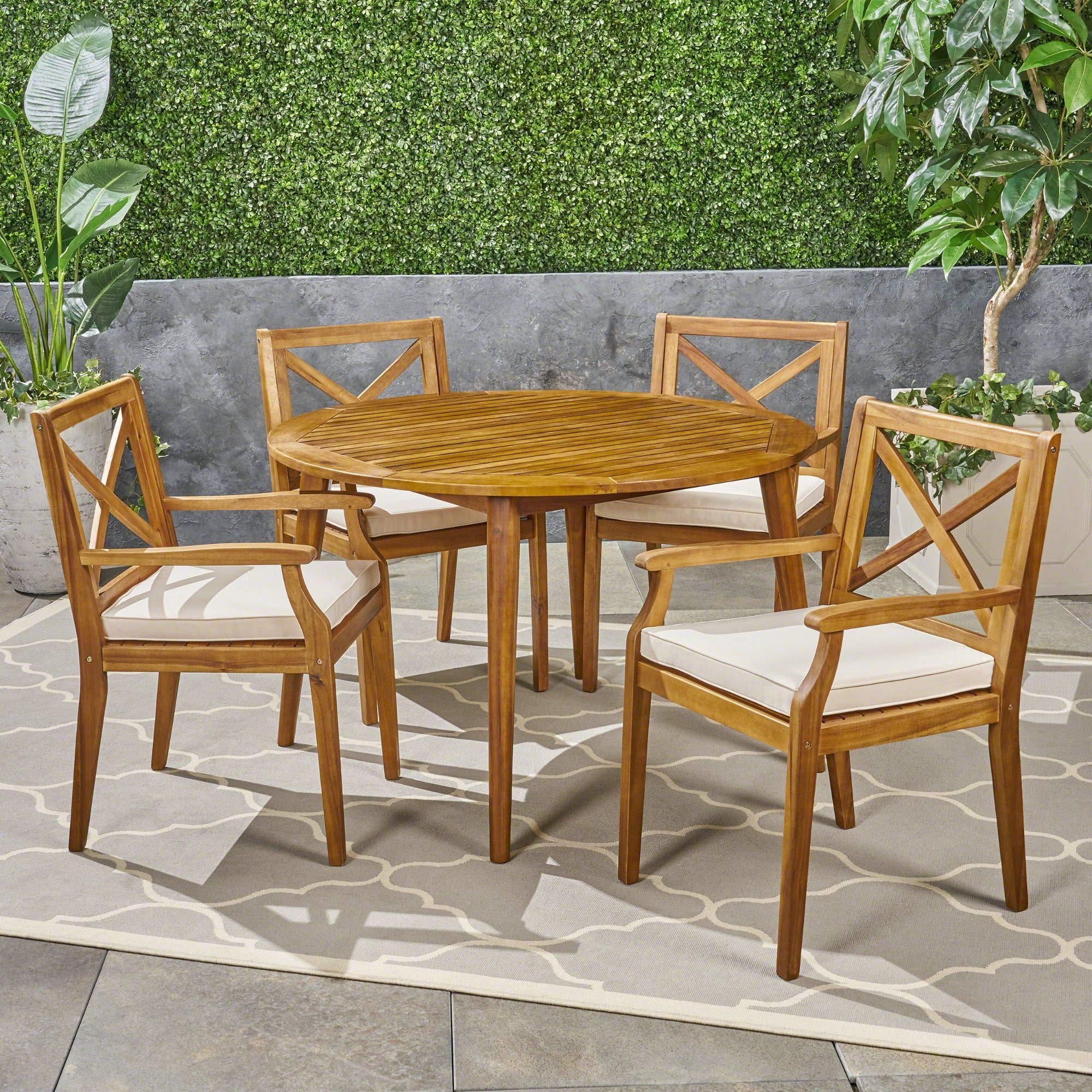 5-Piece Brown Teak Finish Round Outdoor Patio Dining Set with Cream Cushions - Contemporary Durable Furniture for Garden, Backyard, Poolside & Terrace Relaxation