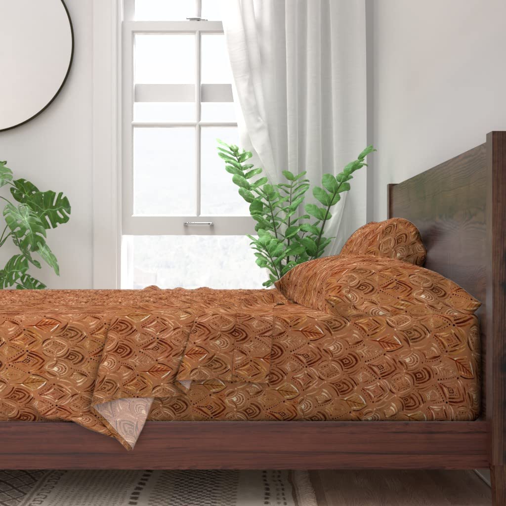 Bohemian Style 100% Cotton Twin Sheet Set - 3 Piece Gold Feather Rust Scallop Boho Print Bedding | Soft & Breathable for Comfortable Sleep | Perfect for Guest Rooms, Dorms & Bohemian Decor