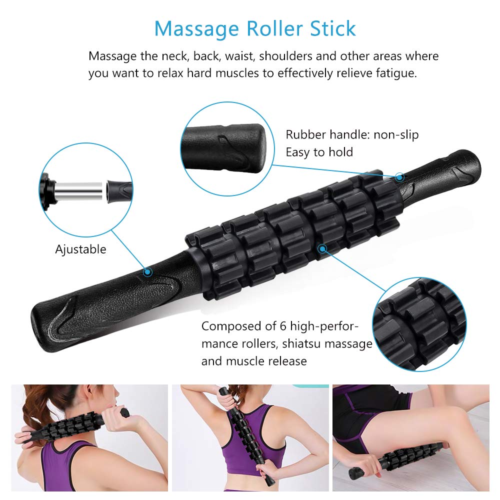 KilYn 6-in-1 Foam Roller Set for Deep Tissue Massage - Includes Muscle Roller Stick, Exercise Resistance Bands, Massage Ball, High & Low Density Foam Rollers - Perfect for Yoga, Pilates, Workout Recovery & Physical Therapy - Comes with Convenient Carry Bag (Black)
