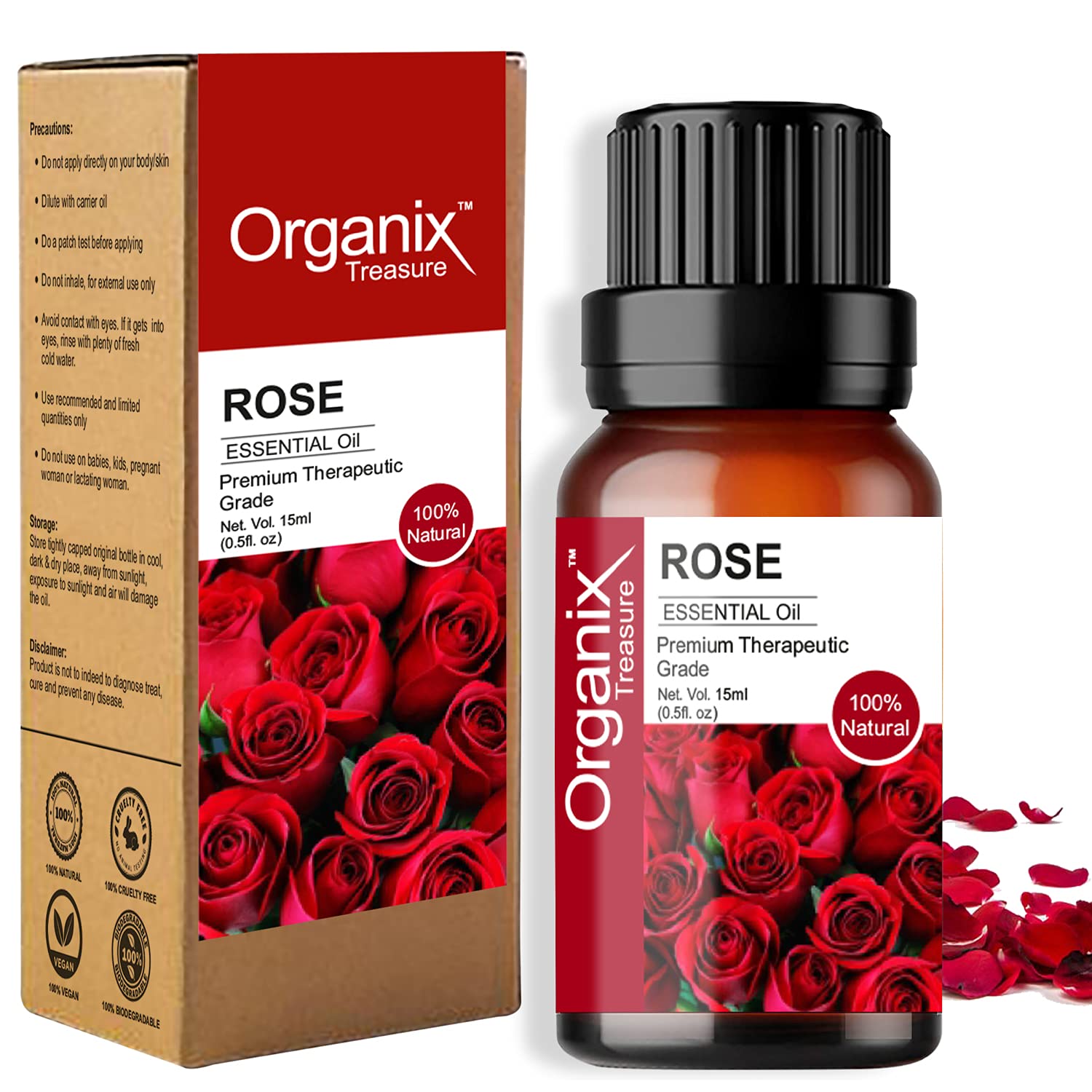 Pure Rose Essential Oil 15ml - Therapeutic Grade for Skin & Hair Care