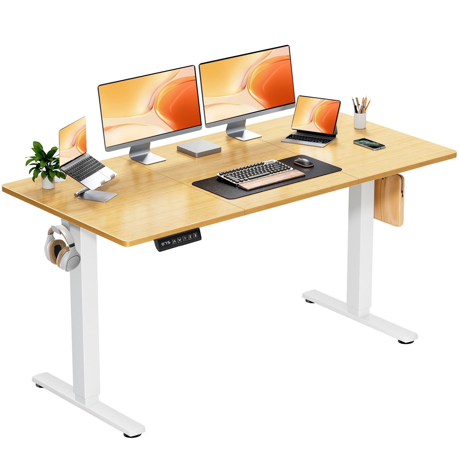 Sweetcrispy Electric Adjustable Height Standing Desk - 63 x 24 inch Sit Stand Desk with Splice Board, Ergonomic Home Office Computer Table with 2 Hooks & Cable Management for Work, Study, and Gaming