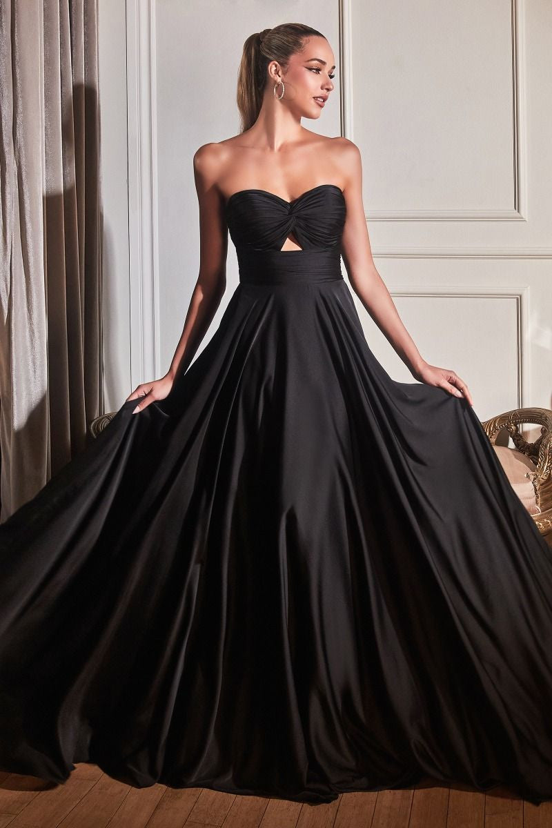Madigan Black Strapless A-Line Satin Keyhole Back Formal Gown - Perfect for Evening Parties, Prom, and Special Occasions