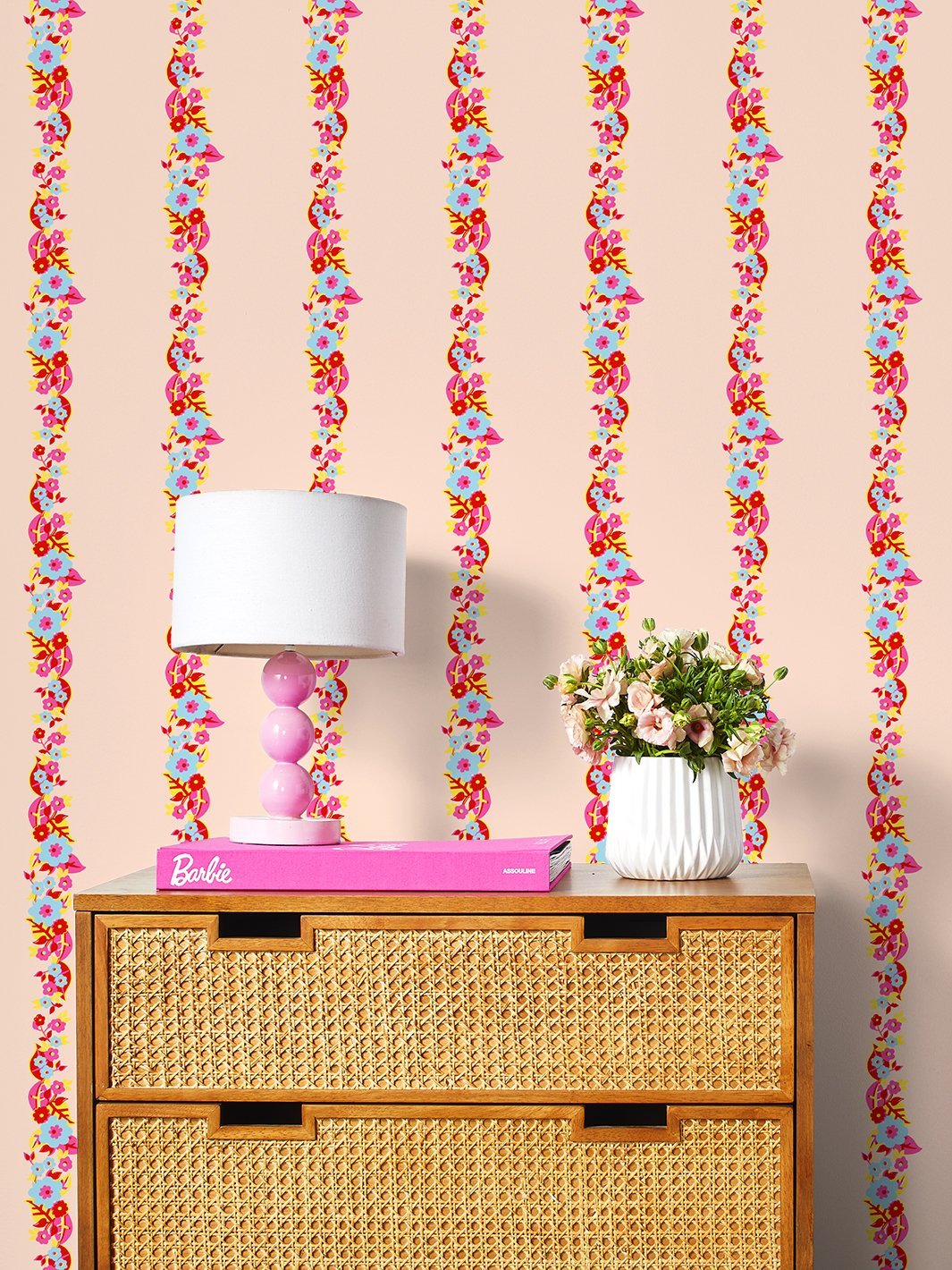 Barbie™ Floral Stripe Wallpaper - Peach Red Peel & Stick Removable Wallpaper for Bedroom, Nursery, Living Room Decor