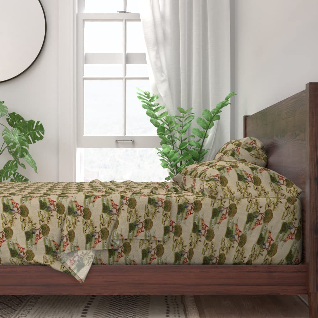 Vintage Fox Hunt Equestrian Print 100% Cotton Twin Sheet Set - 3pc Custom Bedding with English Landscape & Beagle Foxhound Design | Perfect for Farmhouse, Cottage & Equestrian Themed Bedrooms