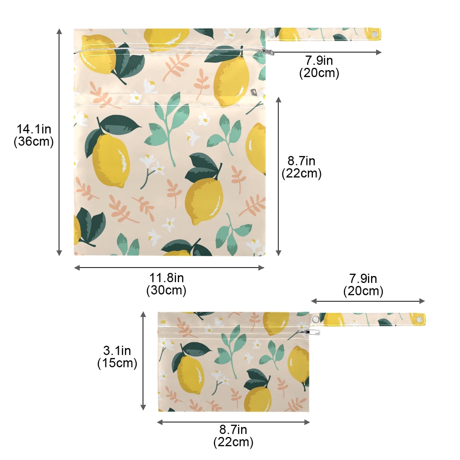 Handmade Watercolor Lemon Print Wet Dry Bag - 2 Pack Waterproof Reusable Diaper Storage & Travel Organizer with Dual Zippers | Perfect for Beach, Swimming, Summer Camp & Baby Essentials