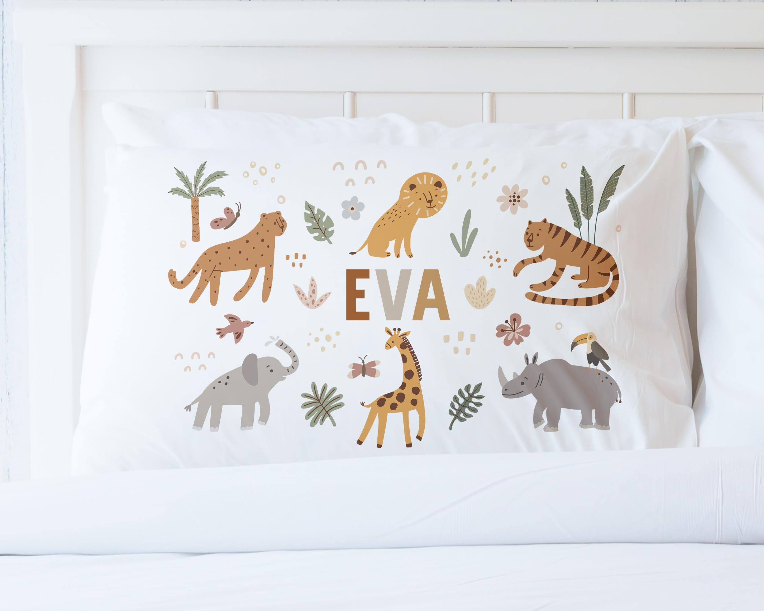 Personalized Safari Animals Pillowcase - Kids' Name Jungle Decor for Nursery & Bedroom