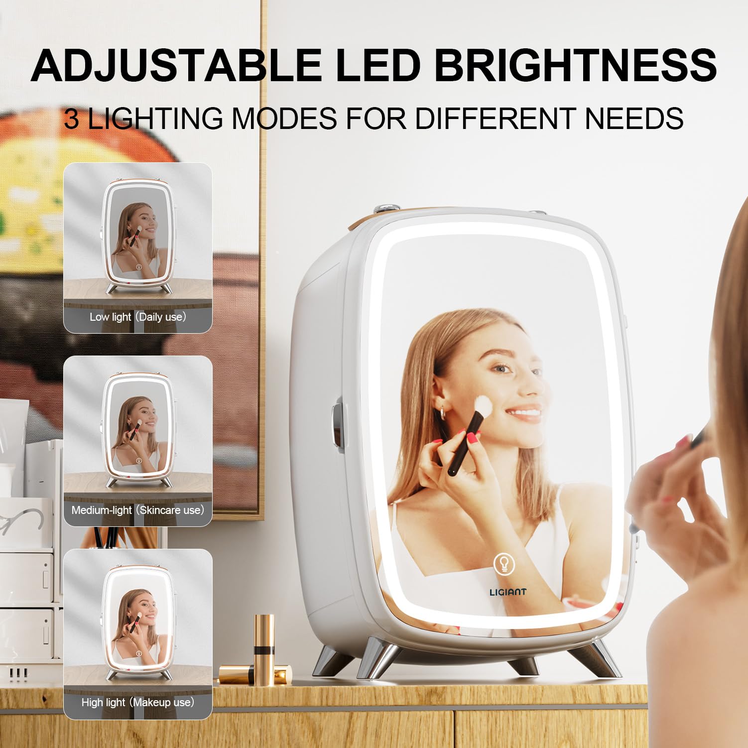 Mini Skincare Fridge with 3-Level Dimmable LED Mirror - 6L Large Capacity, Quiet Semiconductor Cooling Beauty Fridge for Cosmetics, Perfumes & Medications - Perfect for Bedroom, Office, Travel & Salon Use