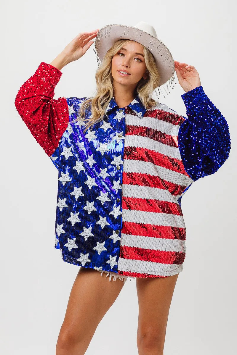 BiBi Velvet Sequin American Flag Shirt - Patriotic Women's Fashion Top for 4th of July, Parties & Festive Events