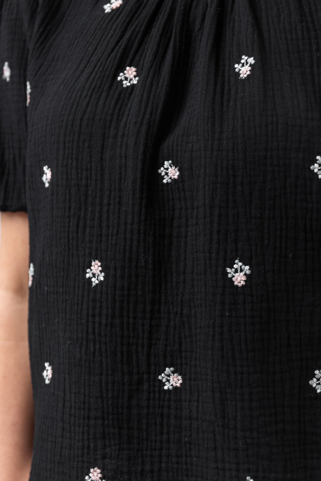 Endless Charm Black Floral Embroidered Gauze Blouse - Elegant Boho Chic Top for Women, Perfect for Summer Outfits, Date Nights & Casual Wear