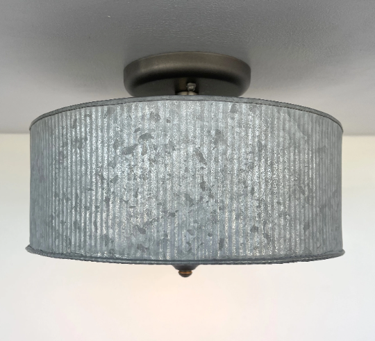 Vintage Galvanized Barn Drum Ceiling Light - Industrial Modern Farmhouse Pendant Lighting for Kitchen, Dining Room, and Bedroom
