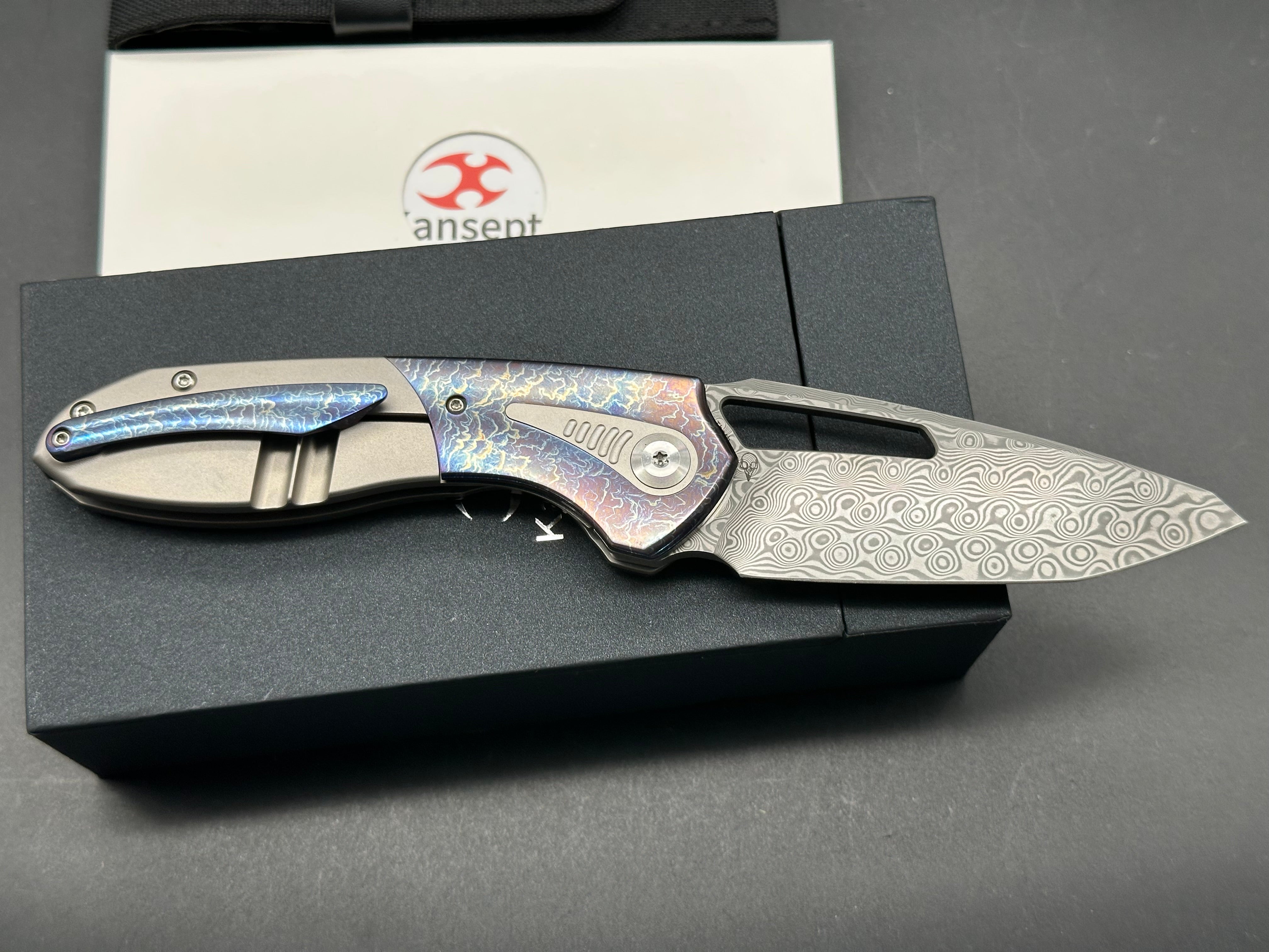 KANSEPT THOTH Folding Knife - Bead Blast/Lightning Strike Titanium Handle with Damascus Steel Blade - EDC Pocket Knife for Outdoor Camping, Hiking & Survival