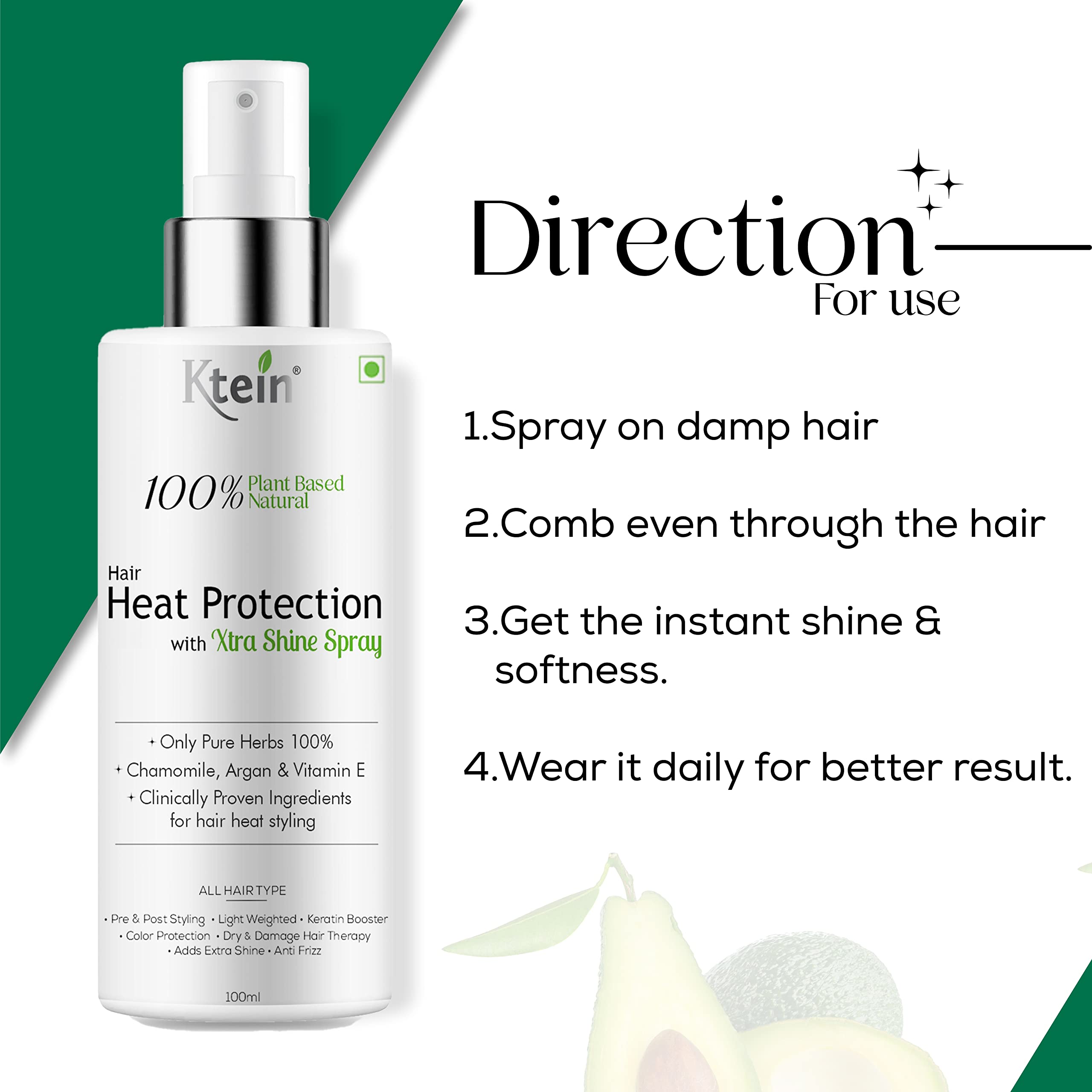 100% Plant Based Hair Heat Protection Spray with EXTRA SHINE - Chamomile, Argan Oil & Vitamin E (100ml) | Thermal Styling Guard for Curling Irons, Flat Irons & Blow Dryers | Vegan & Cruelty Free