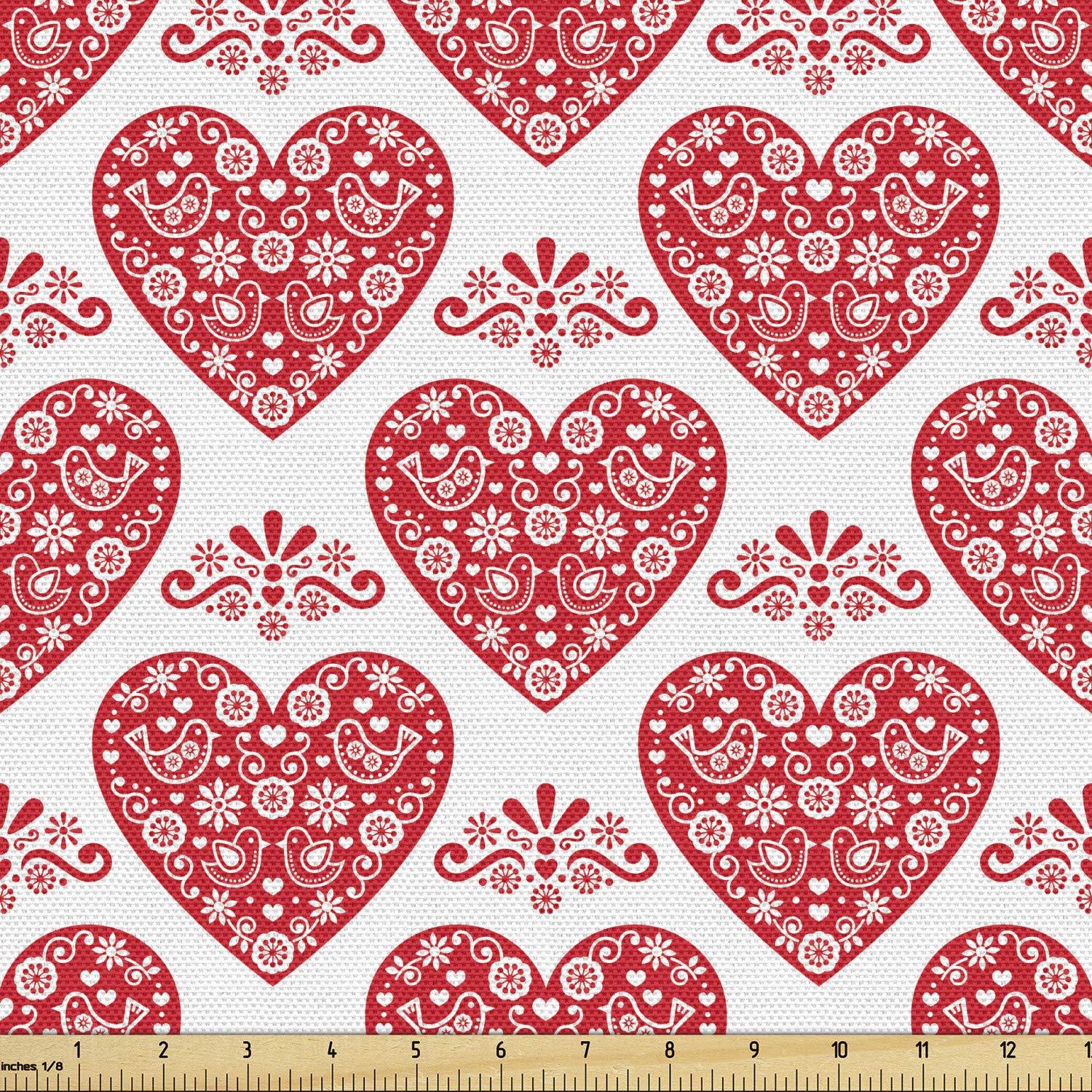 Ambesonne Norwegian Valentine's Day Fabric by The Yard - Heart, Floral & Bird Print Decorative Upholstery Material for Sofa, Curtains & Home Decor (10 Yards, Vermilion/White) - Perfect for Romantic Bedroom & Living Room Accents