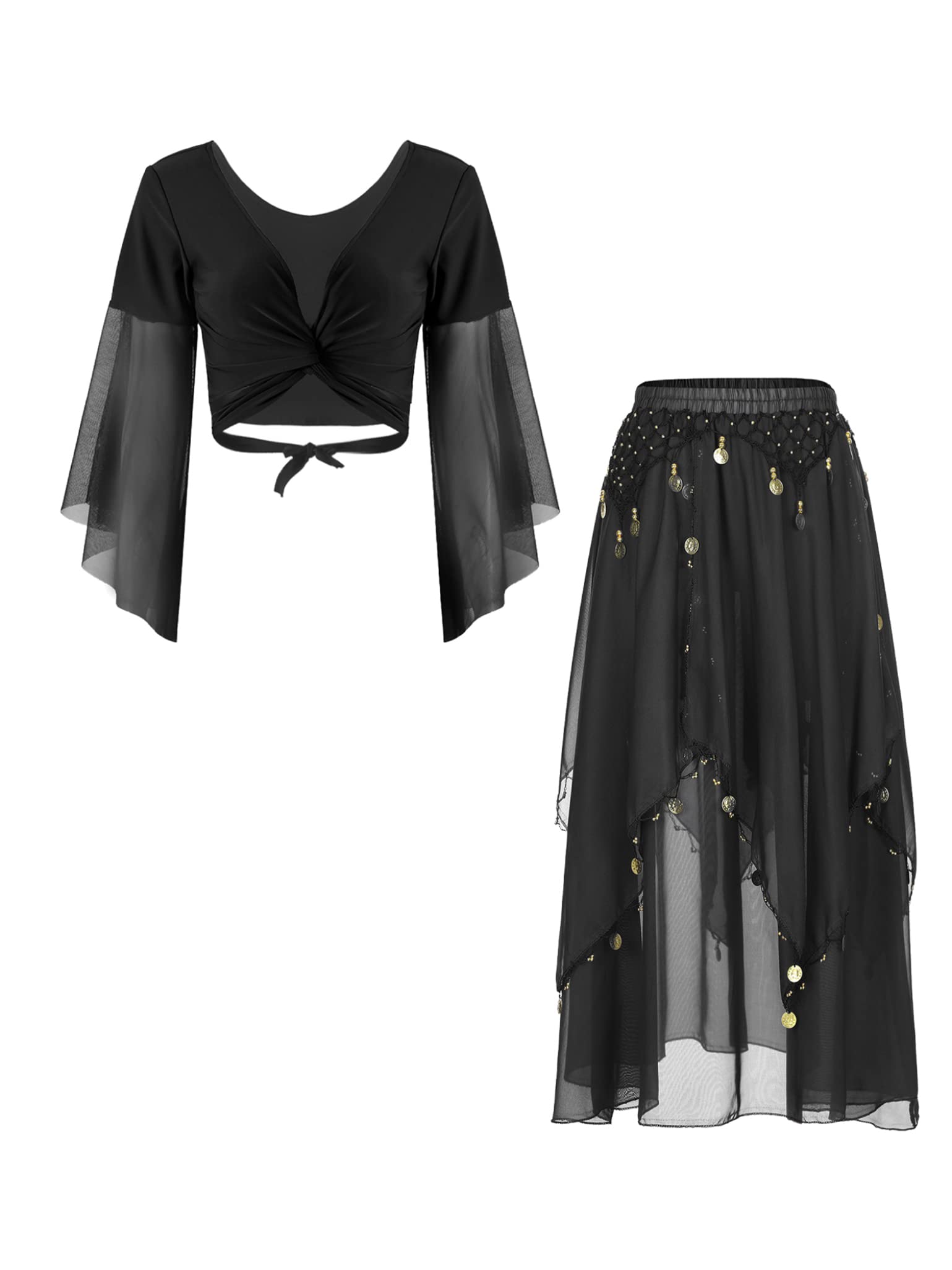 Women's Belly Dance Costume Set - Flare Sleeve Crop Top & Flowy Chiffon Skirt for Professional Performances & Dance Classes | Belly Dancing Outfit for Stage Shows & Cultural Events