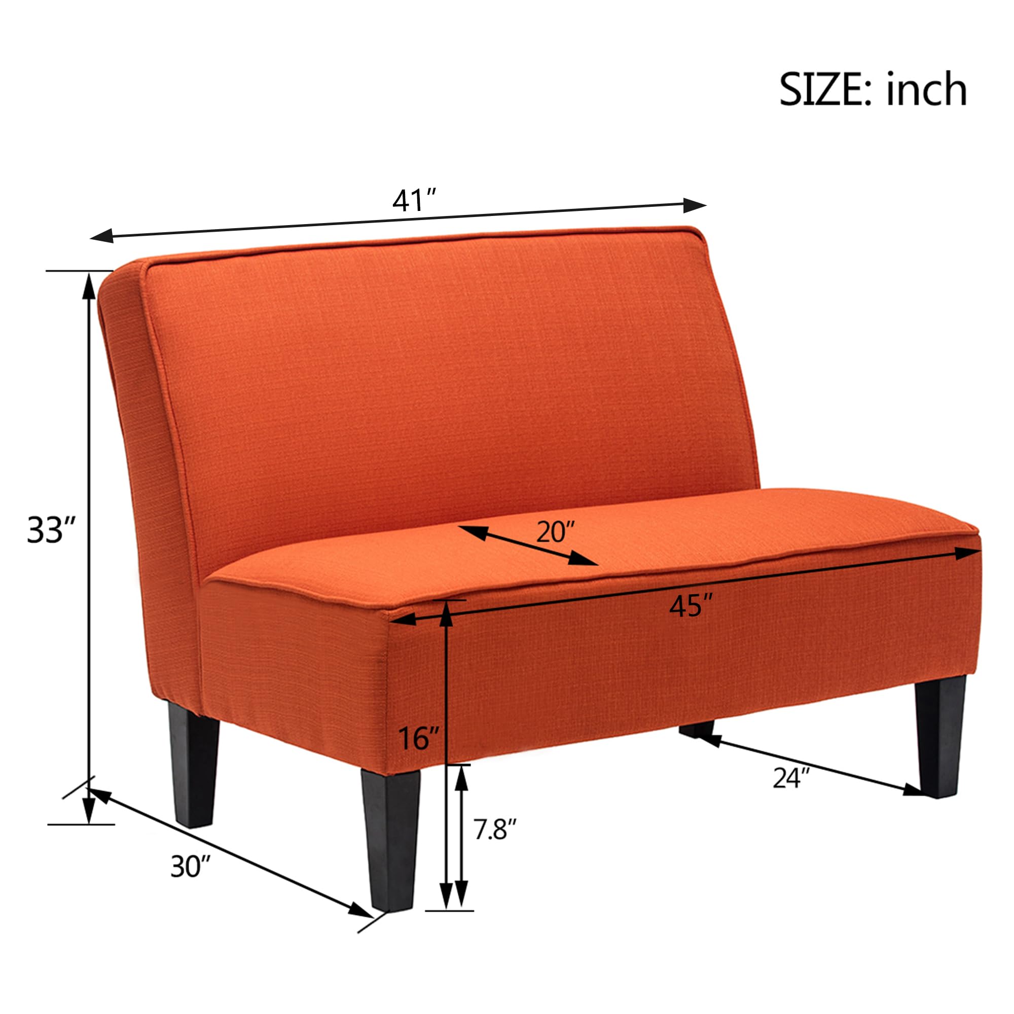 Yongqiang Small Loveseat Mini Sofa - Upholstered Accent Bench with Backrest, Armless Love Seat for Living Room, Bedroom & Office - Perfect for Small Spaces, Reading Nooks & Cozy Corners - Orange