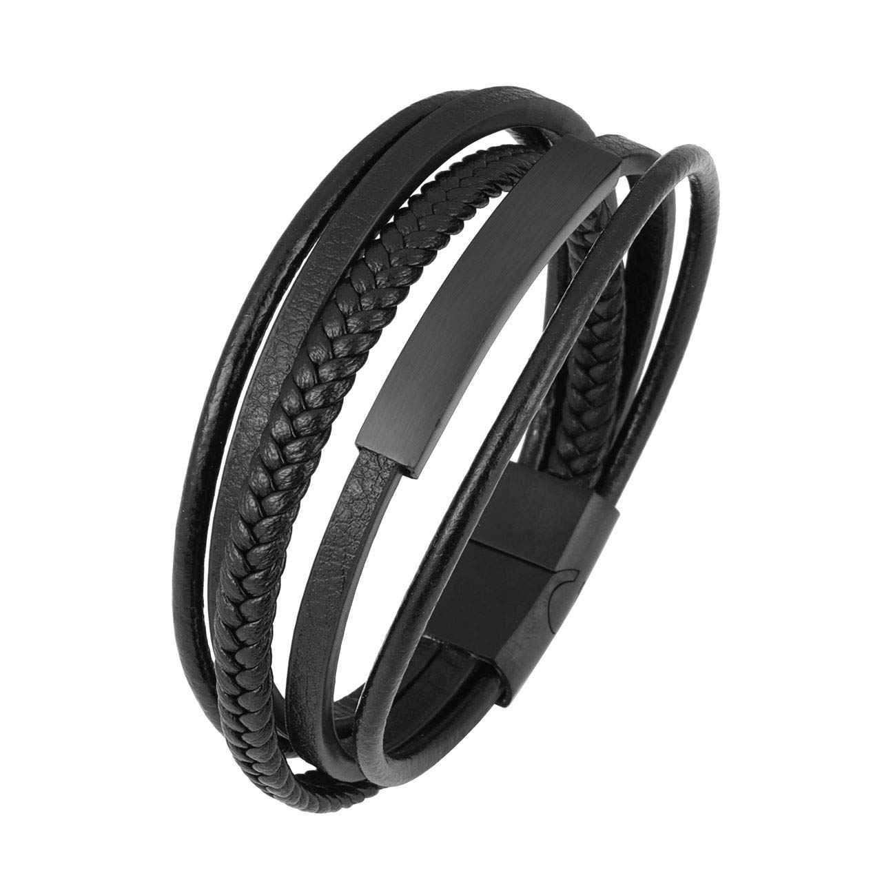 Custom Engraved Leather Bracelet for Men - Stainless Steel Magnetic Clasp, Braided Multi-Layer Wrap Cuff Bangle | Personalized Gift for Him, Wedding, Anniversary & Everyday Wear