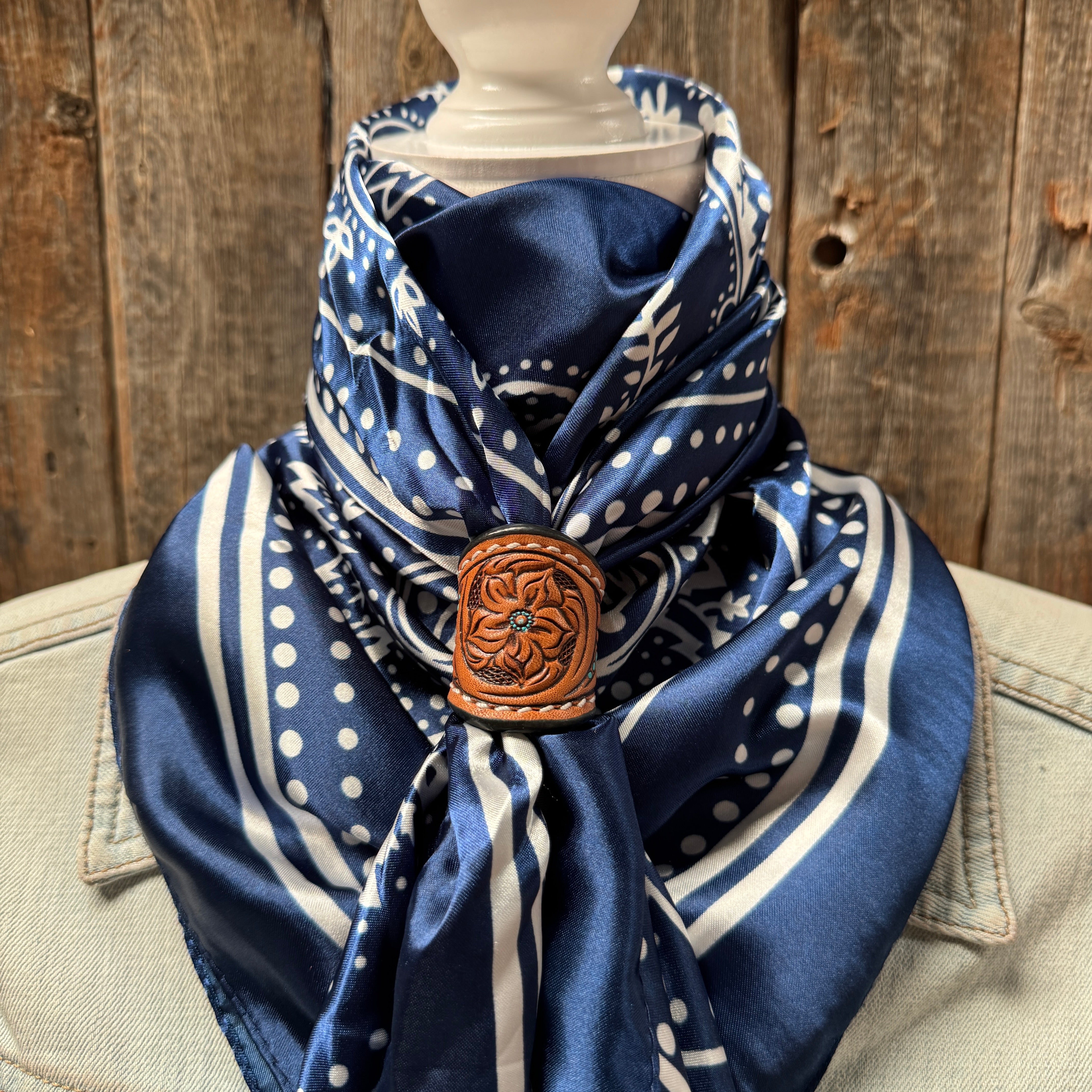 35X35 Blue Floral Paisley Wild Rag Scarf WR3382 - Western Style Bandana with Tooled Leather Slides - Perfect for Cowboy Rodeo, Horse Riding & Country Fashion Accessories