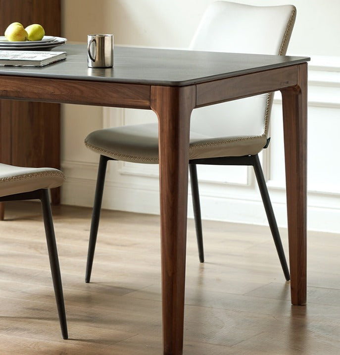 Premium Black Walnut Wood Dining Table with Natural Slate Stone Top - Elegant Farmhouse Style for Dining Room, Kitchen, or Rustic Home Decor