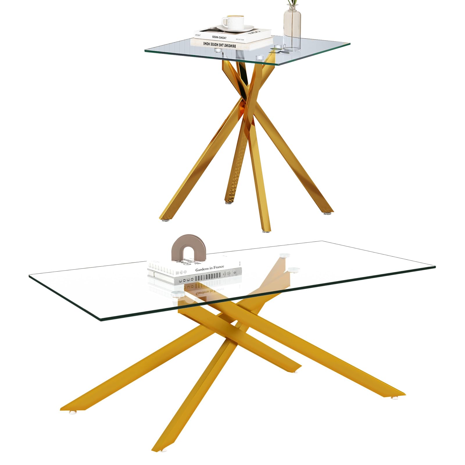 Modern 2-Piece Glass Coffee Table Set with Tempered Glass Top & Gold Metal Legs - Living Room & Home Office Furniture - Perfect for Small Spaces, Sofa Sets & Lounge Areas