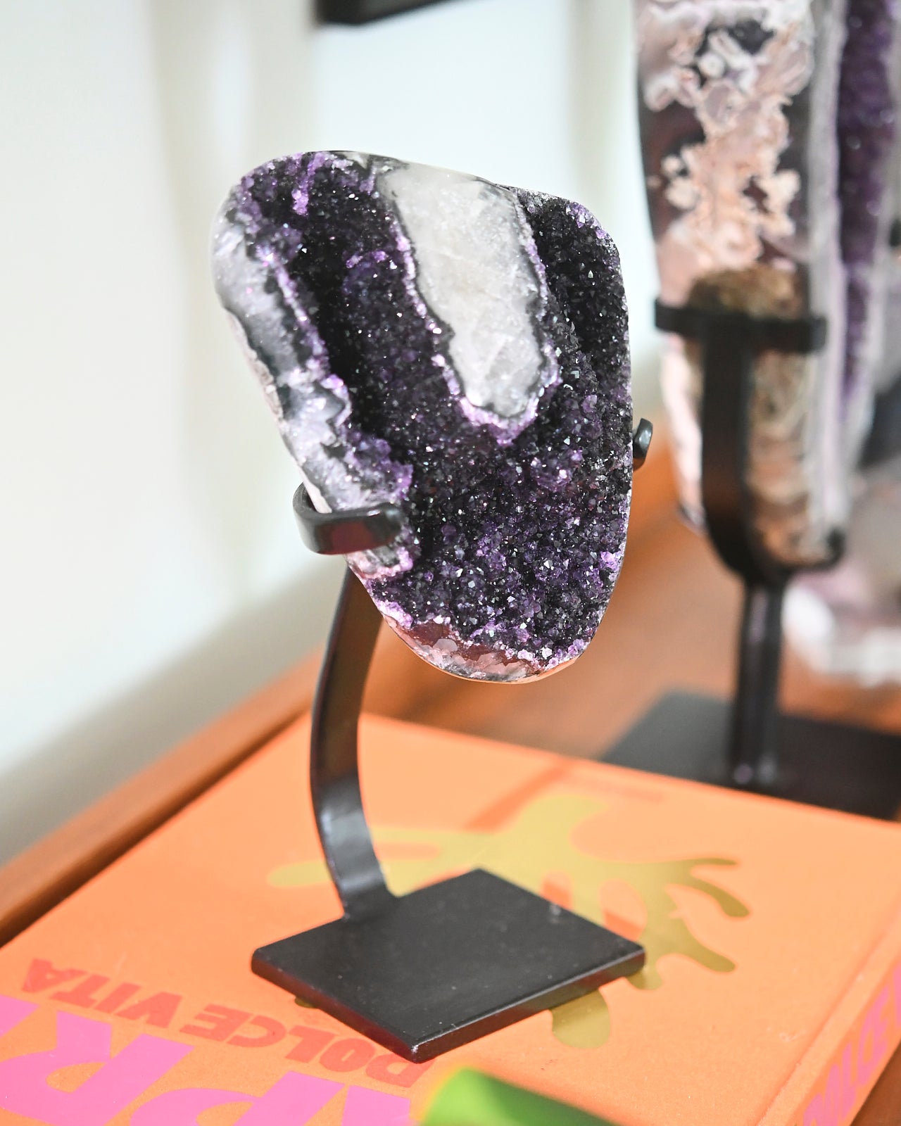 Natural Amethyst Crystal Geode on Wooden Stand - 4.8lbs Raw Purple Quartz Cluster for Home Decor, Meditation & Healing Crystal Gifts