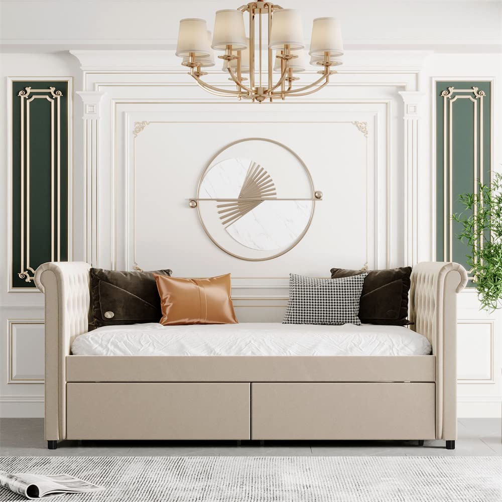 Twin Daybed with Storage Drawers & Wood Slats - Tufted Sofa Bed for Living Room & Office