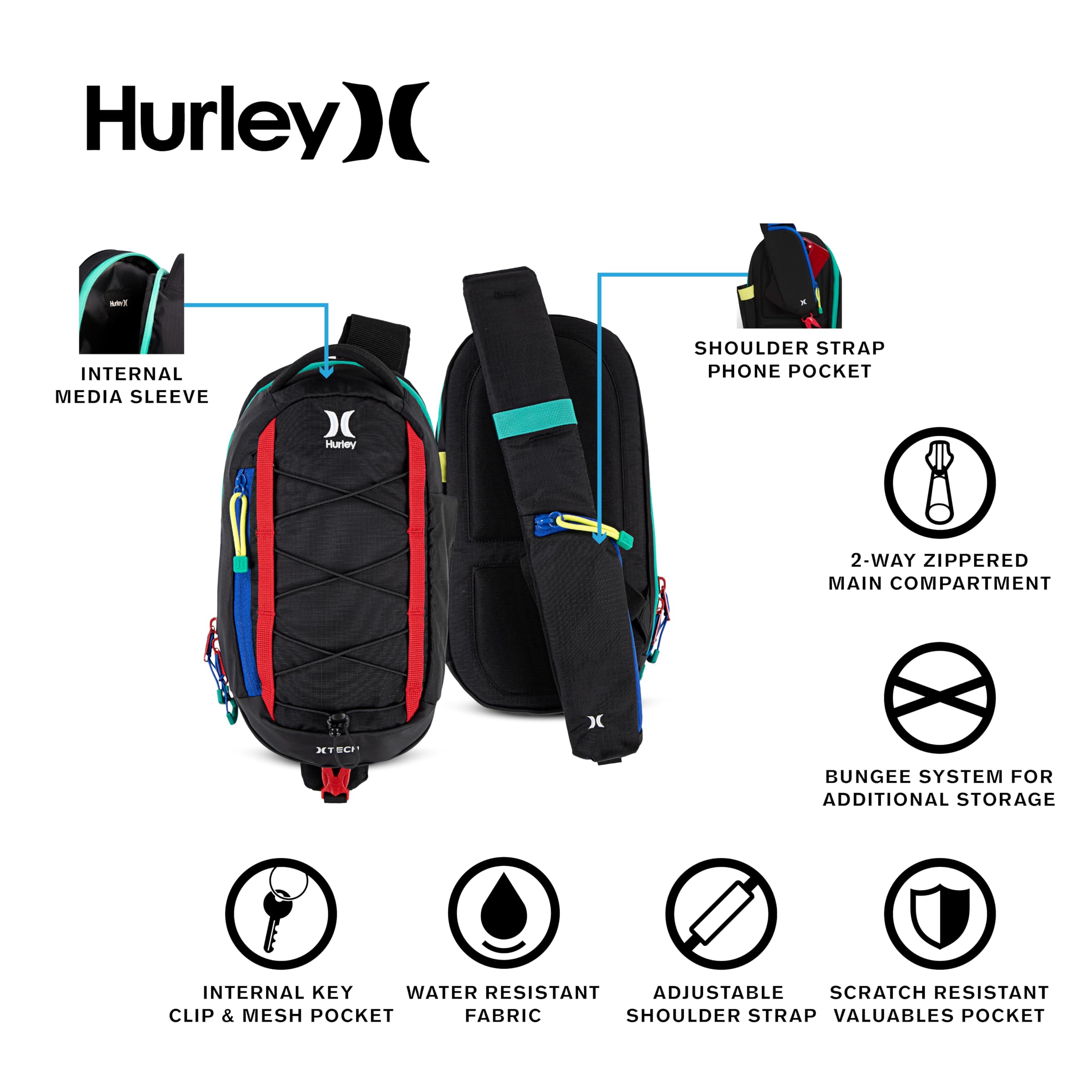 Hurley Men's Crossbody Sling Bag - Lightweight & Water-Resistant Travel Bag for Gym, Hiking & Daily Use (Black, One Size)