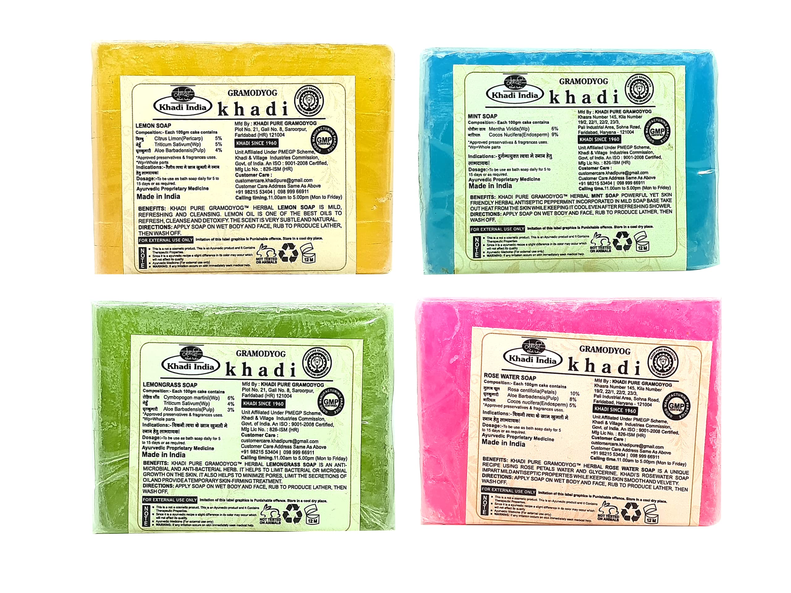 Khadi Pure Natural Soap Bar - Lemon, Lemongrass, Mint & Rosewater (4 Pack, 125g Each) | Vegan, Herbal Skincare for Face & Body | Perfect for Daily Cleansing, Aromatherapy & Gift Giving