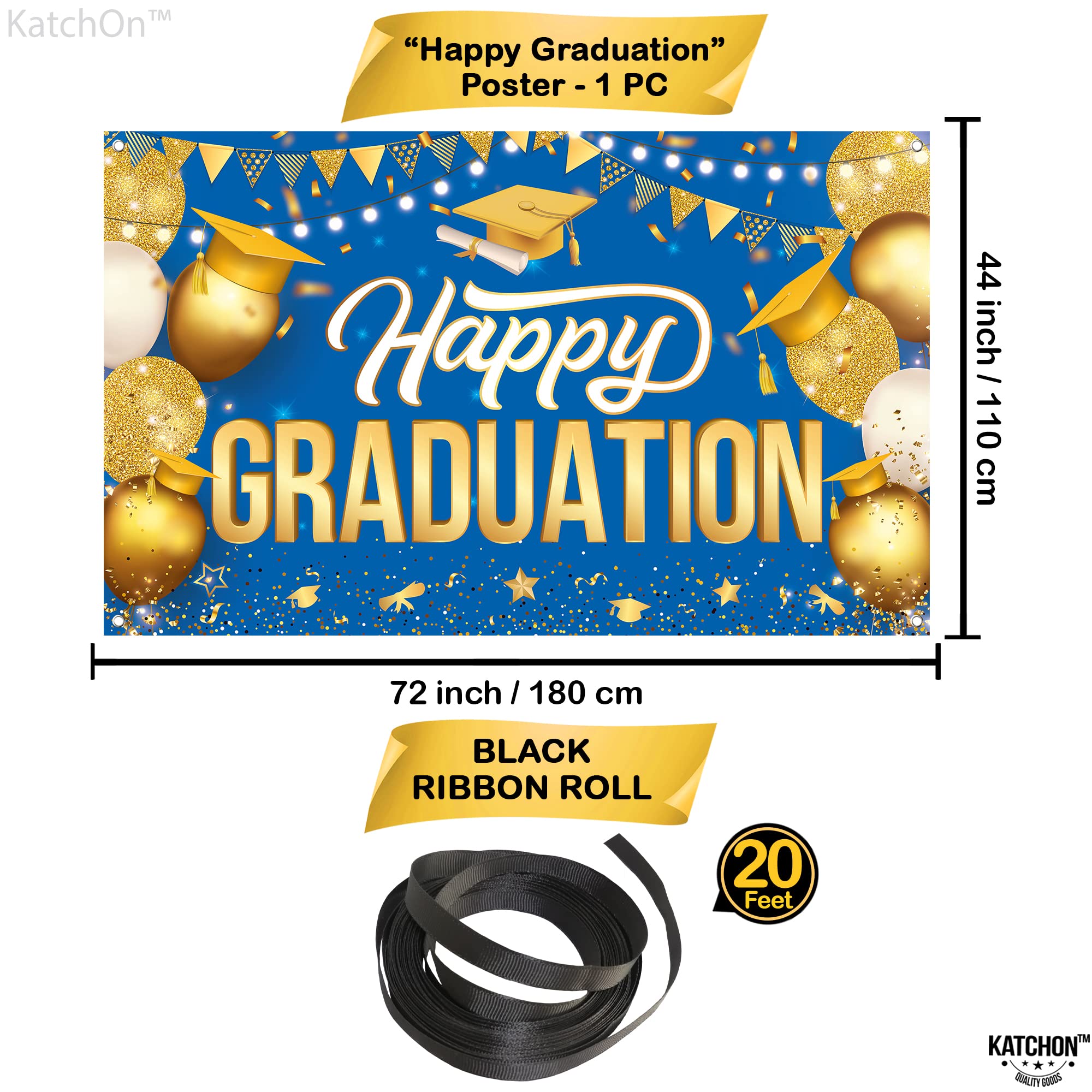Katchon Extra Large Graduation Banner - 72x44 Inch Gold & Blue Happy Graduation Backdrop for Class of 2025 | 2025 Graduation Party Decorations, Commencement Ceremony Decor | Perfect for Graduation Photos, School Events & Celebration Parties
