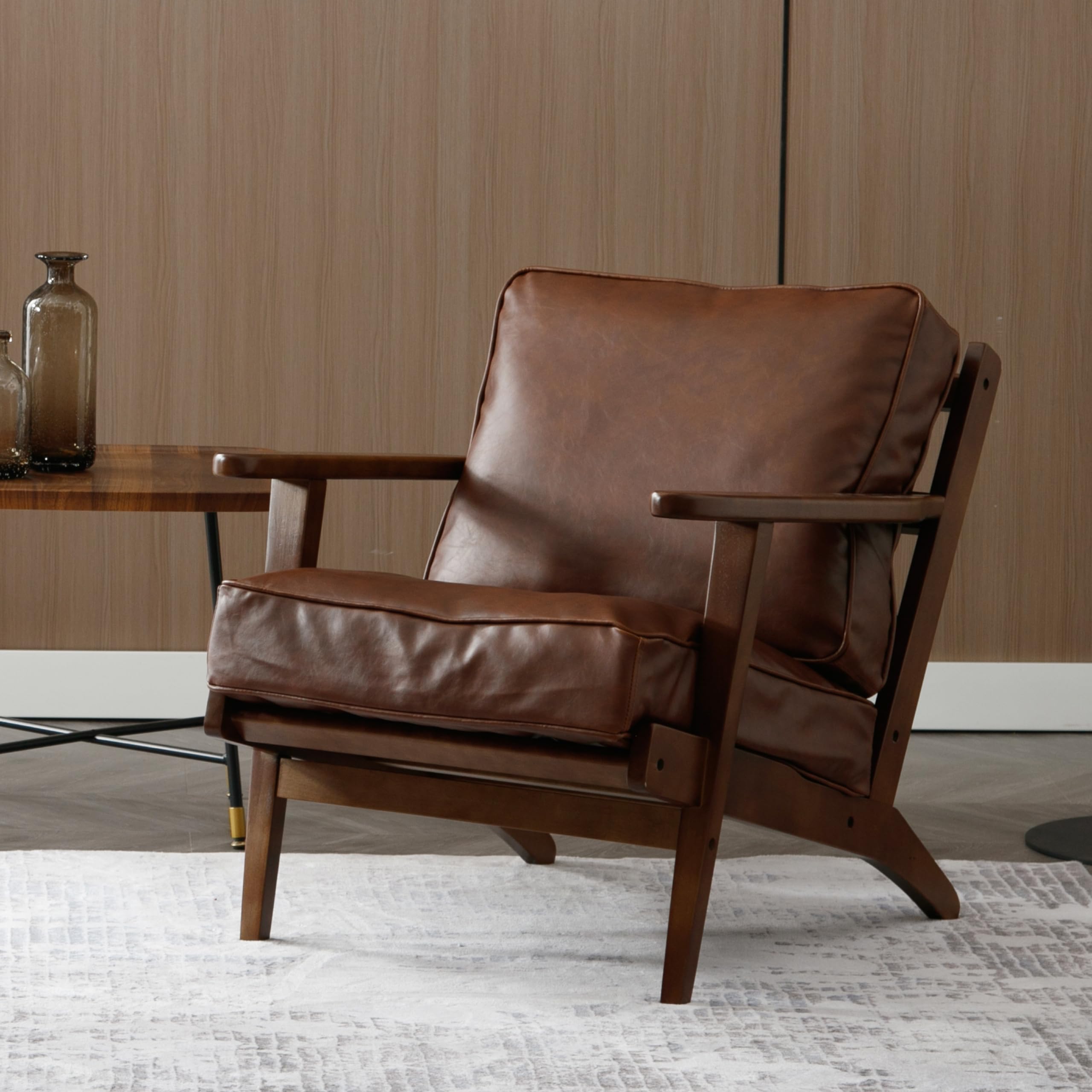 Mid-Century Modern Accent Chairs Set of 2 - Genuine Leather Upholstered Living Room Chairs with Solid Wood Frame - Comfortable Armchairs for Bedroom, Reading Nook & Lounge - PU Brown Leather - Perfect for Relaxing, Entertaining & Home Decor